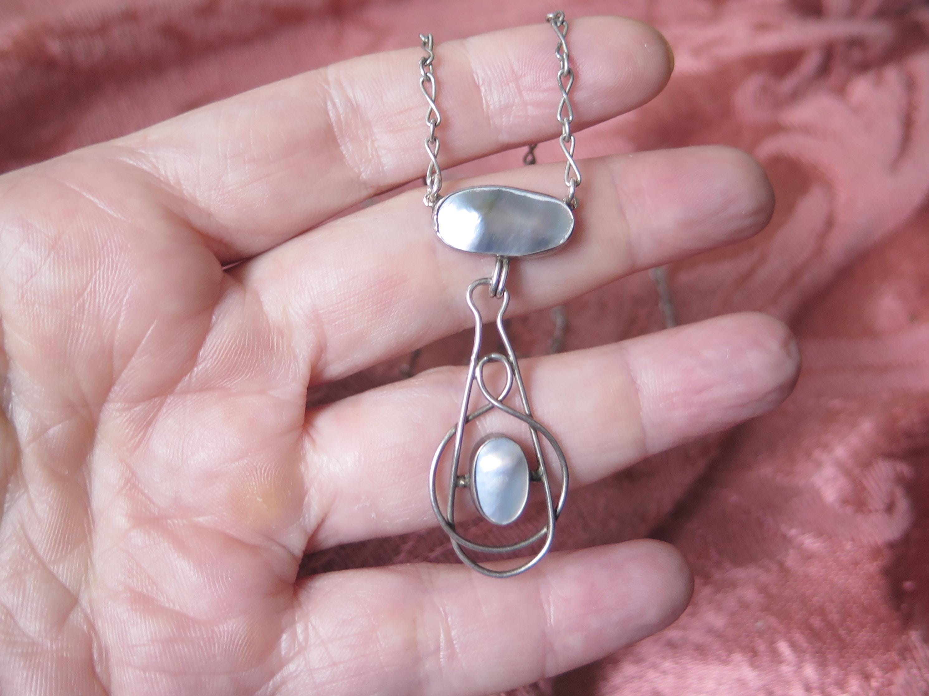 Antique Silver Mother-of-Pearl Pendant Necklace - Arts & Crafts c1900