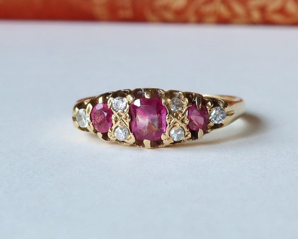 Antique Edwardian 18k Gold Pink Rubies and Diamonds Ring
