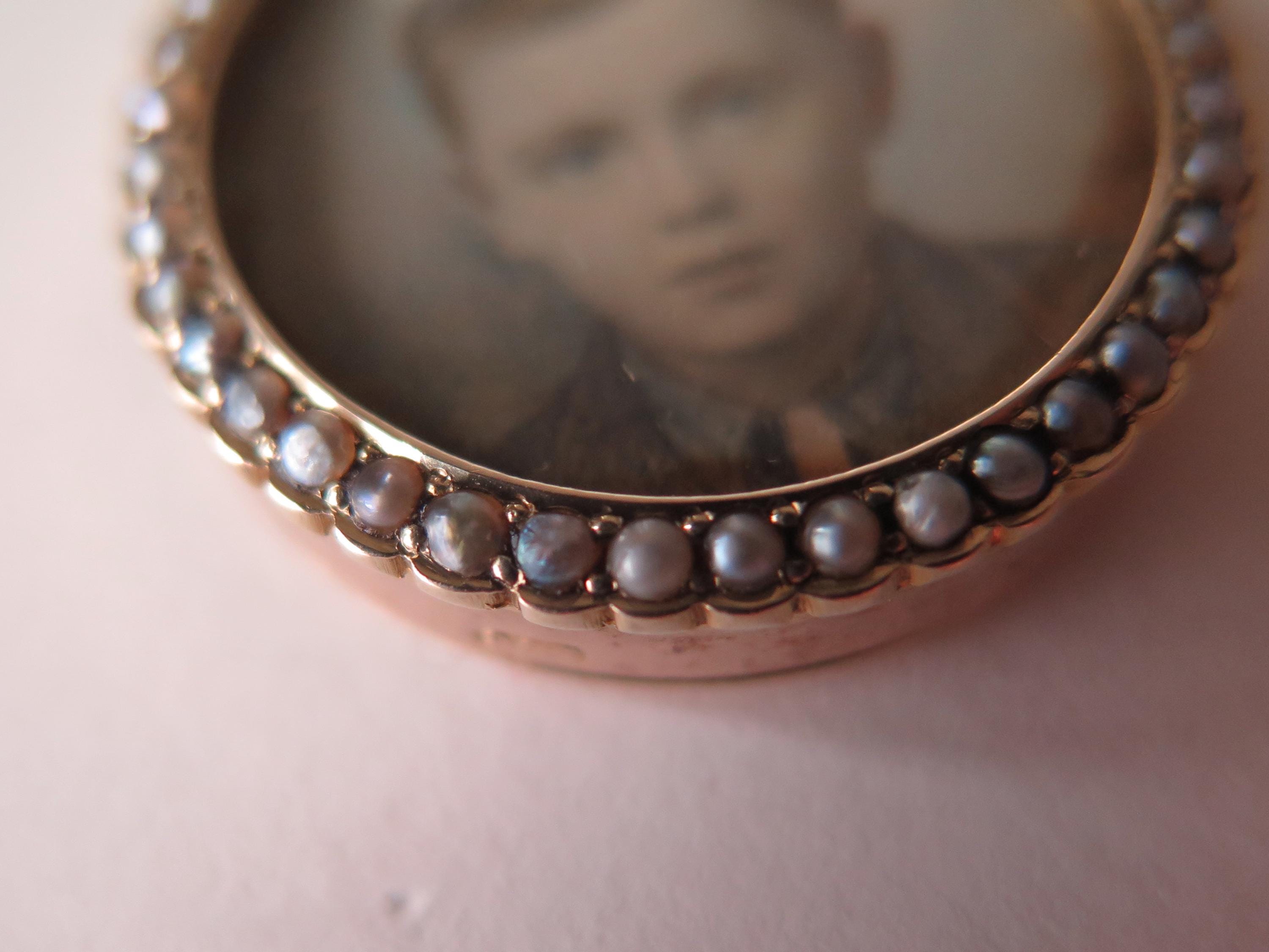 Antique Edwardian 9k Gold Double-Glass Locket with Grey Seed Pearls, Hand Coloured Portrait Miniatures