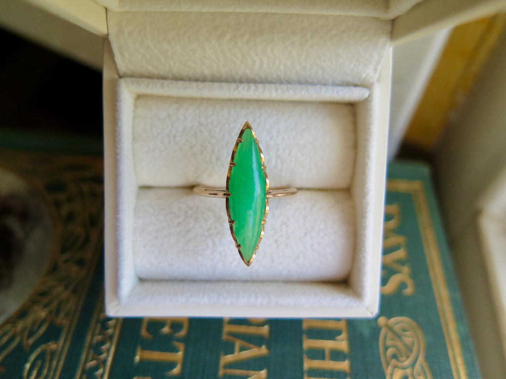 Edwardian 9k Gold Marquise Jade Ring - US Size 5.5