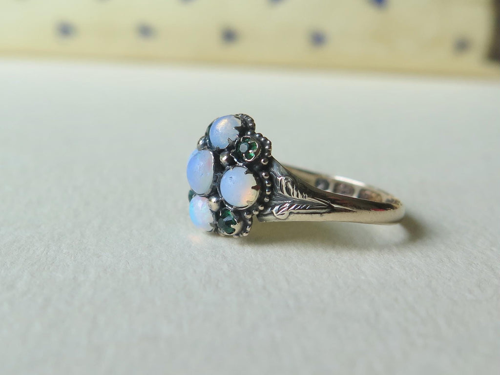 Victorian Opal Cluster Ring: 9ct Gold & Paste Emeralds, UK Hallmarked, US Size 6