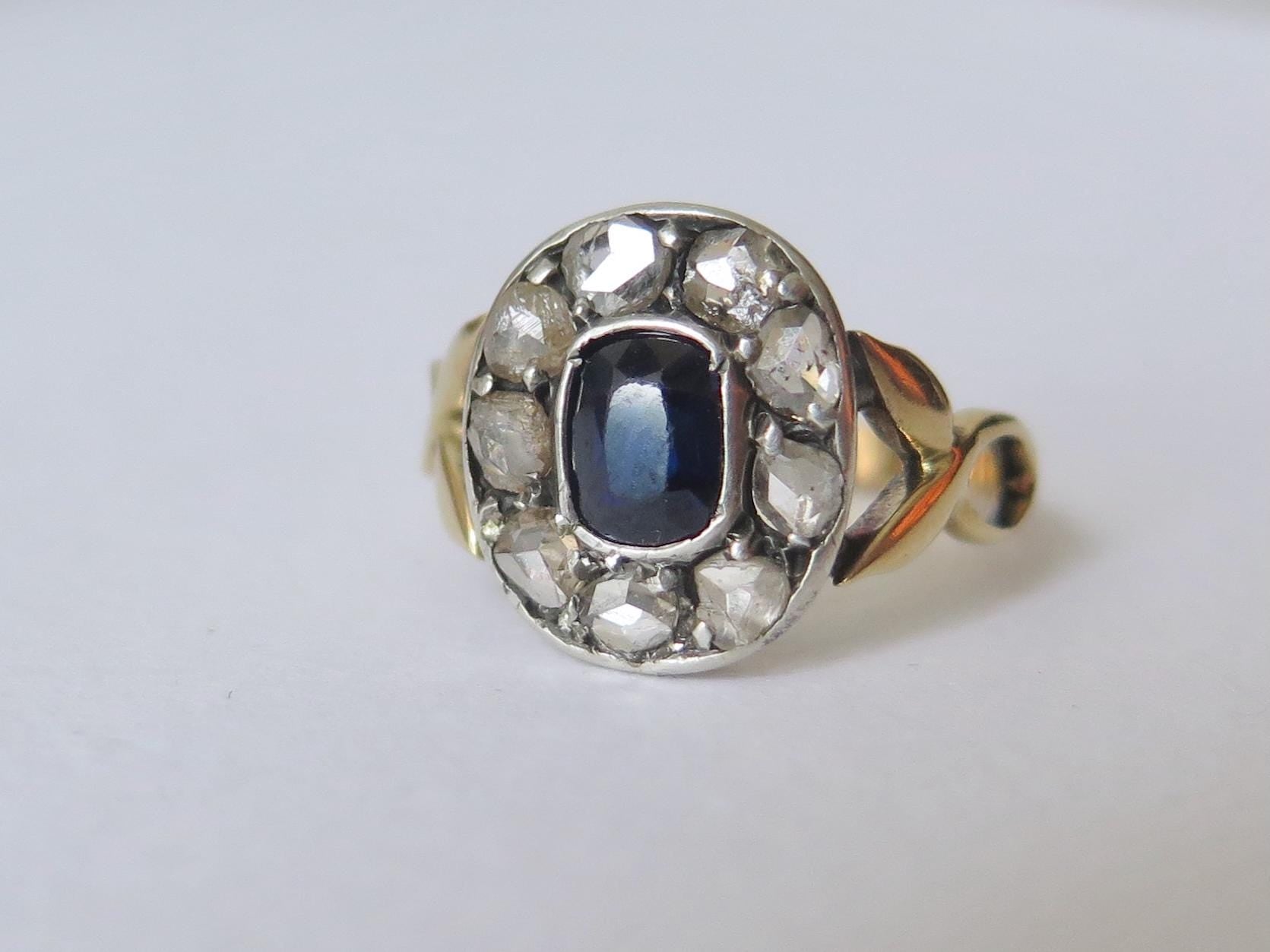 Edwardian Sapphire Diamond Cluster Ring: 14k Gold, Rose-Cut Diamonds, US Size 6