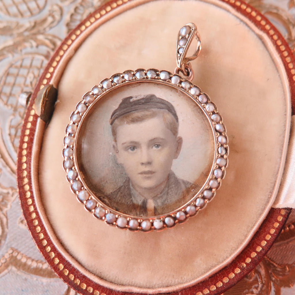 Antique Edwardian 9k Gold Double-Glass Locket with Grey Seed Pearls, Hand Coloured Portrait Miniatures