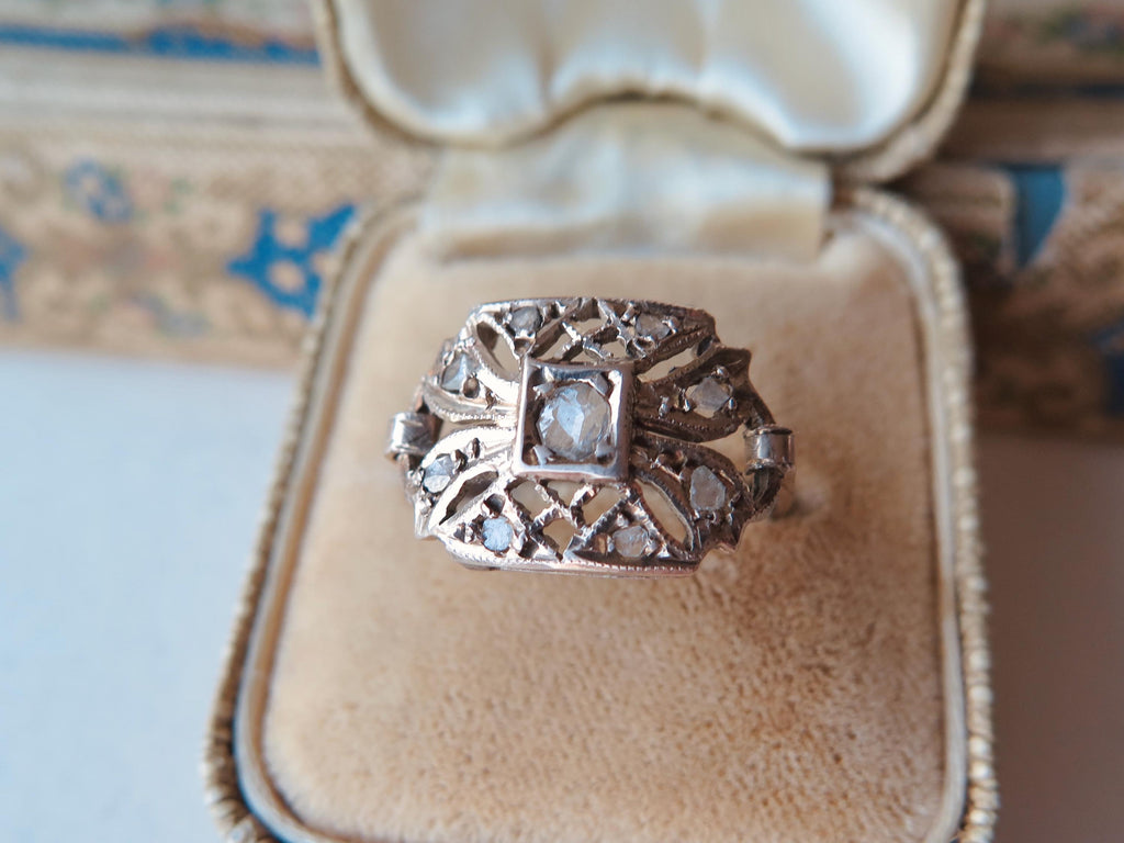 Antique 9k Gold Rose Cut Diamond Ring - Belle Epoque Filigree