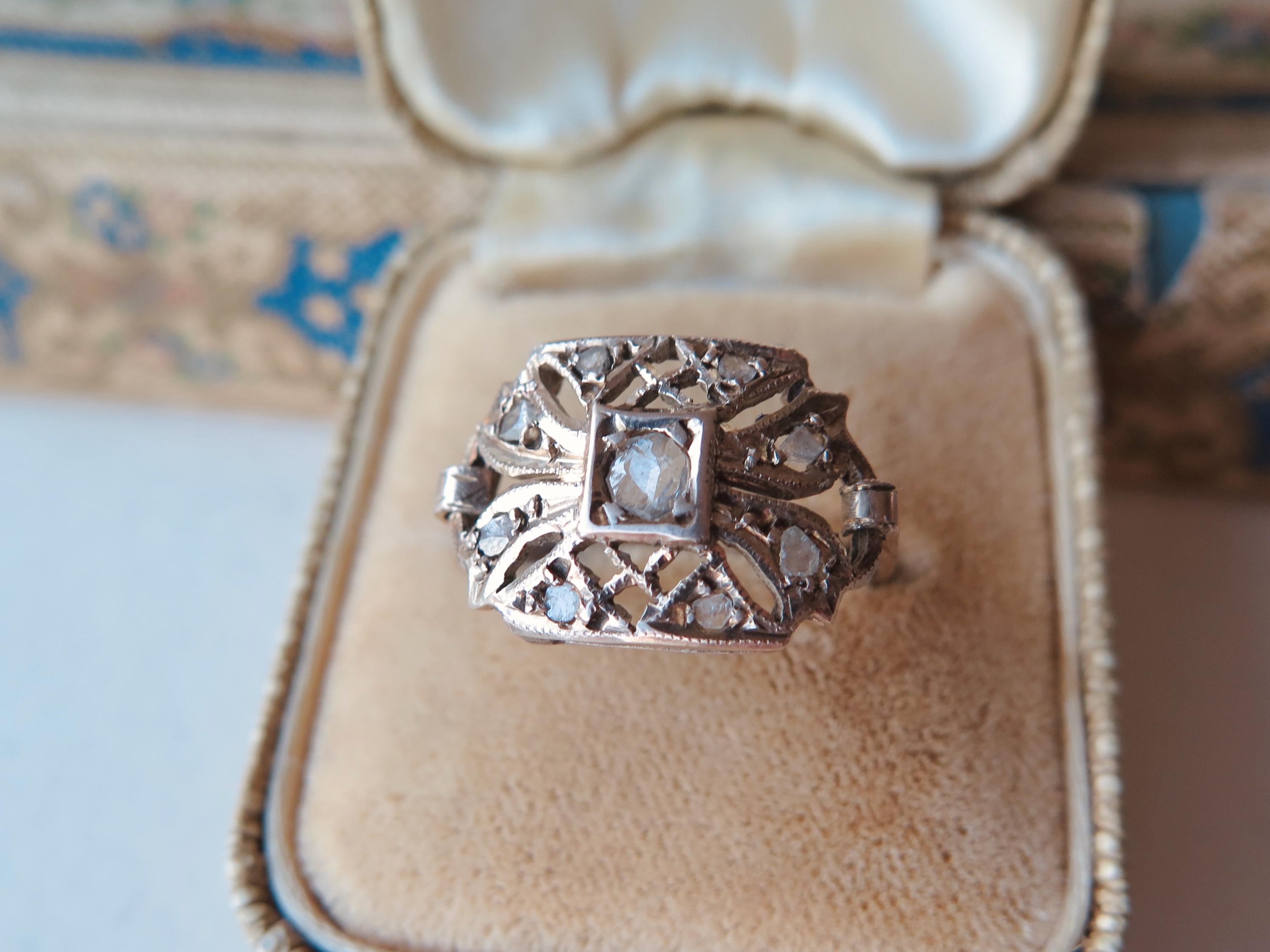 Antique 9k Gold Rose Cut Diamond Ring - Belle Epoque Filigree