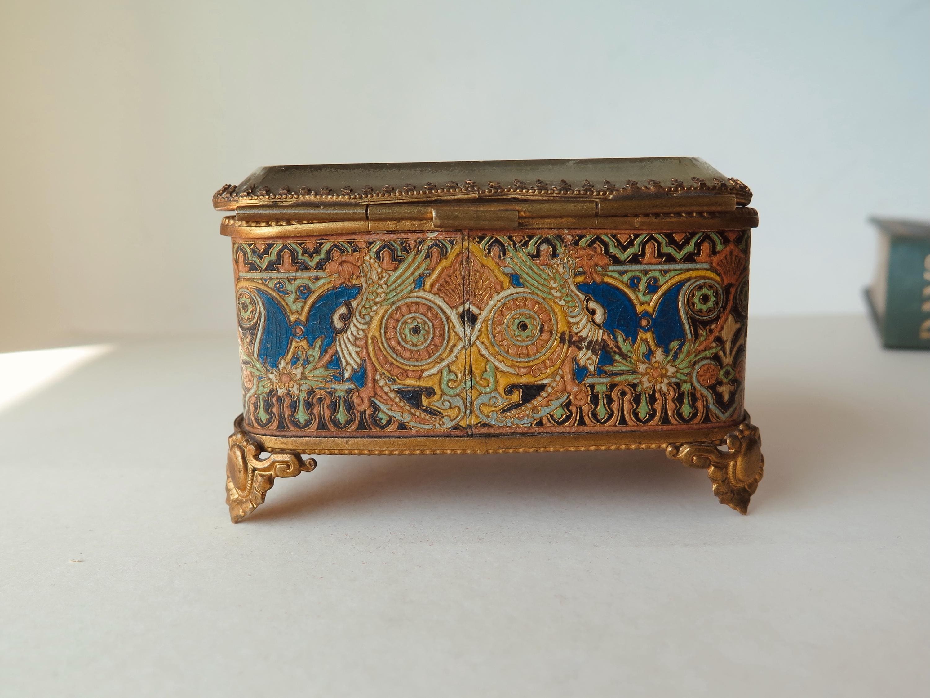 Antique Victorian Jewelry Box, Tufted Silk Lining, Beveled Glass Lid, Brass Jewelry Casket