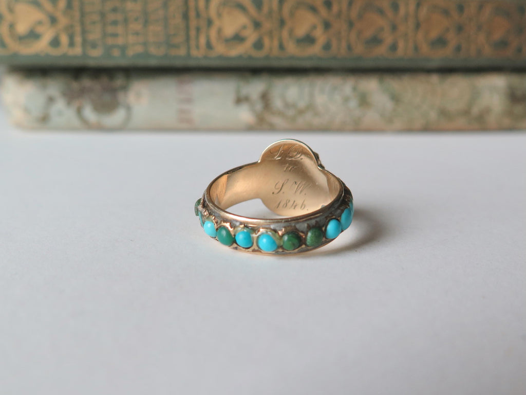 Antique 14k Gold Ring with Turquoise and Old Mine Cut Diamonds “Friendship” Engraving