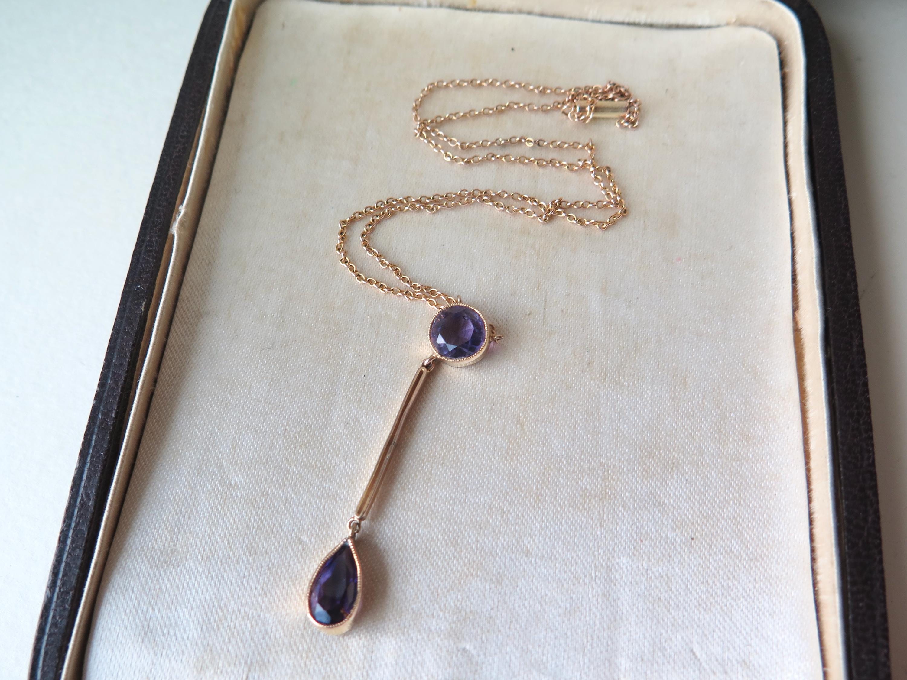 Antique Edwardian Necklace, 9k Rose Gold Amethysts Negligee Necklace