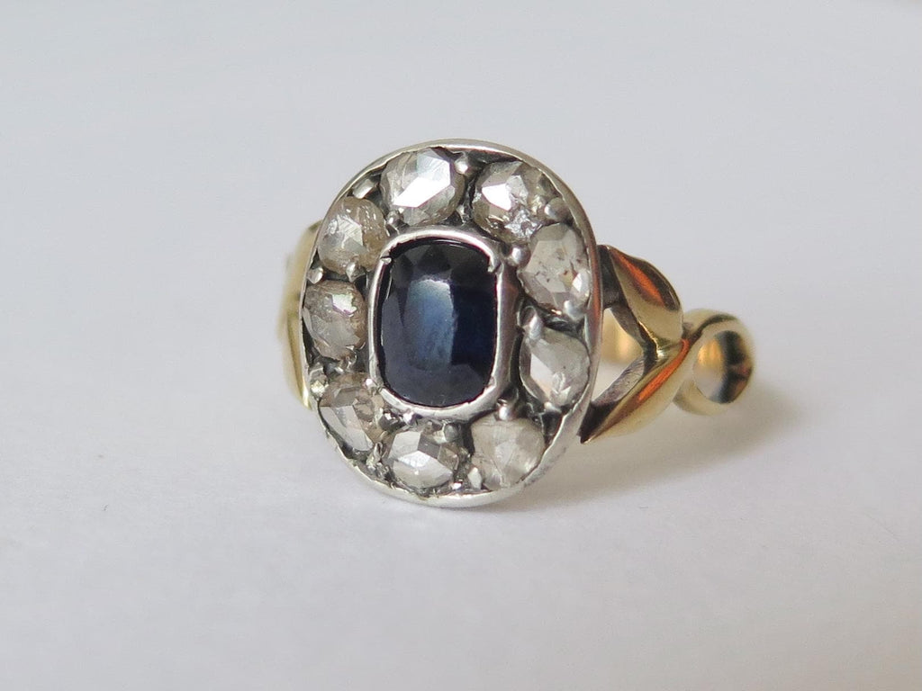 Edwardian Sapphire Diamond Cluster Ring: 14k Gold, Rose-Cut Diamonds, US Size 6