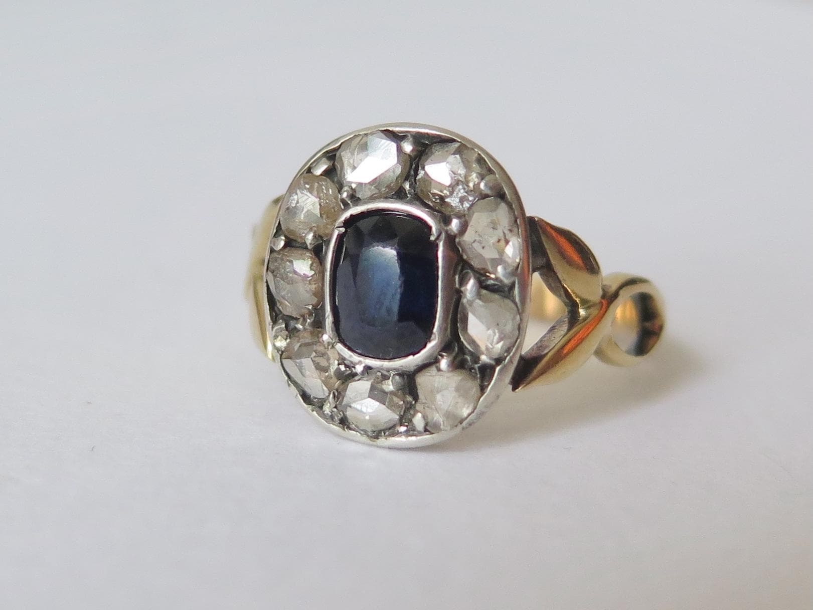 Edwardian Sapphire Diamond Cluster Ring: 14k Gold, Rose-Cut Diamonds, US Size 6