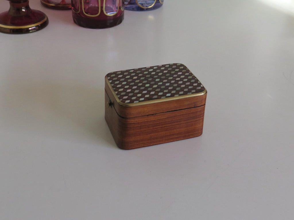 Antique Watch Box, Mother-of-Pearl Inlay, Blue Silk Interior, Jewellery Display Prop