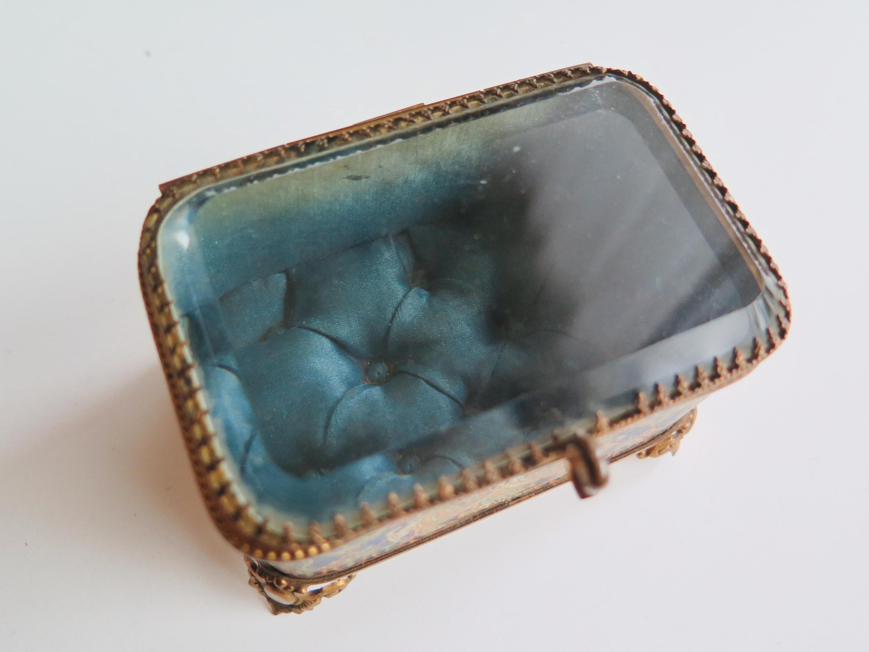 Antique Victorian Jewelry Box, Tufted Silk Lining, Beveled Glass Lid, Brass Jewelry Casket