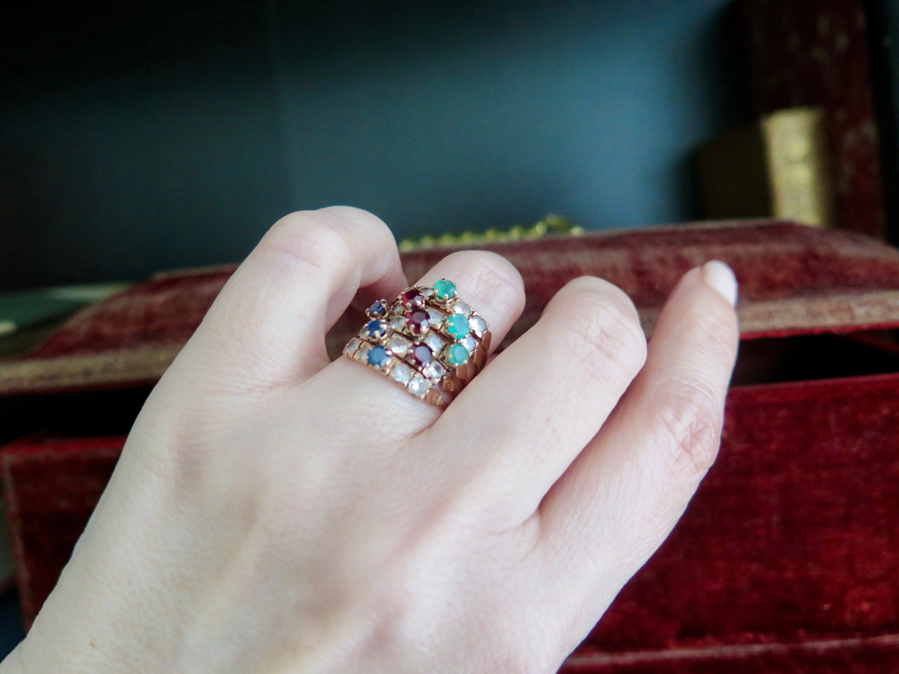 Antique 14k Gold Harem Ring: Sapphire, Garnet, Chrysoprase, Rock Crystal