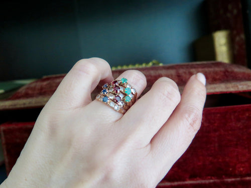 Antique 14k Gold Harem Ring: Sapphire, Garnet, Chrysoprase, Rock Crystal