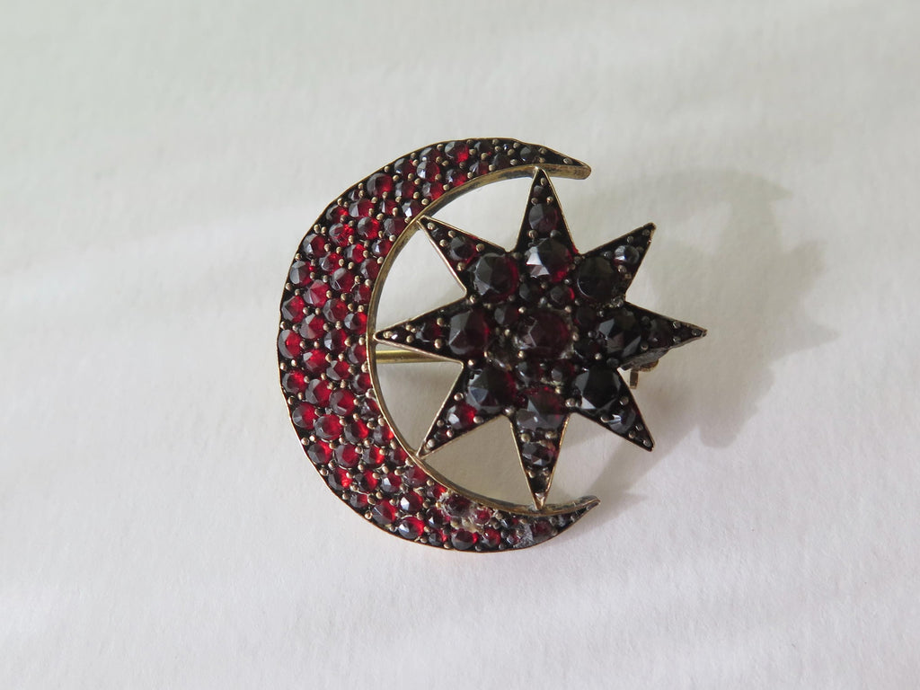 Victorian Garnet Brooch, Crescent Moon & Star, Antique Celestial Jewel, Bohemian Garnets