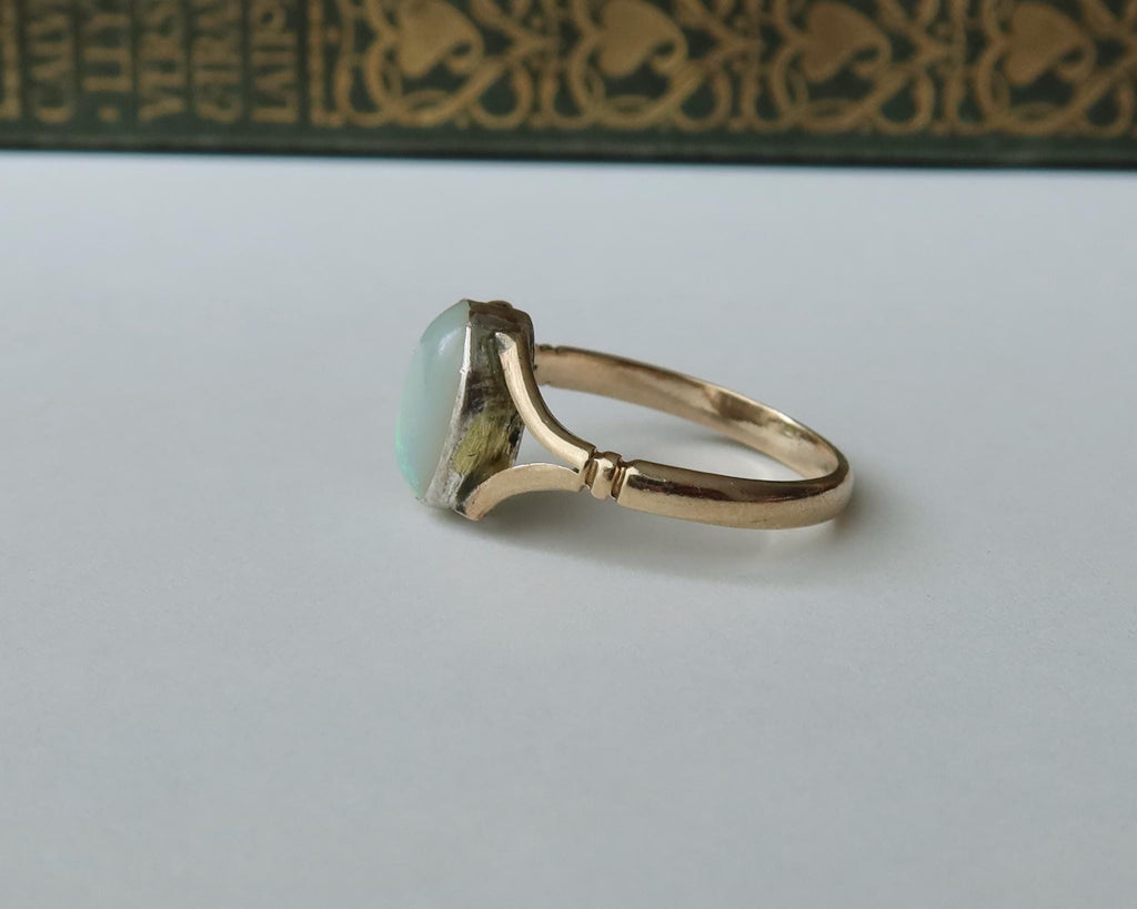 Antique Edwardian 9k Gold Natural Opal Ring, Oval Cabochon Opal