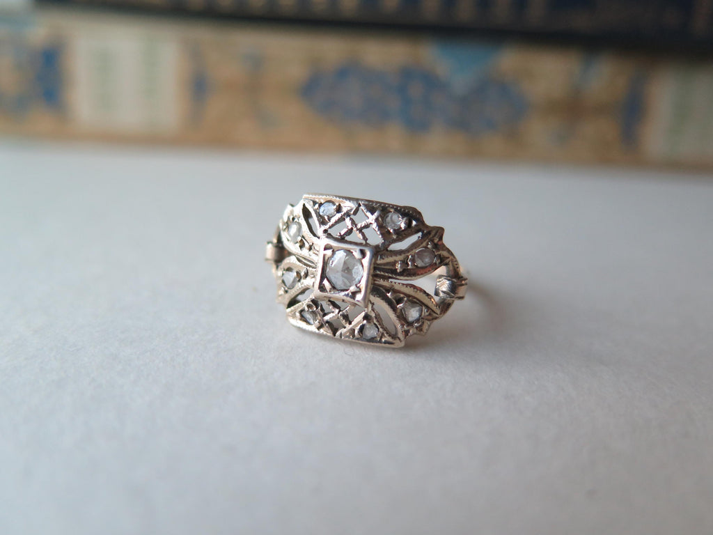 Antique 9k Gold Rose Cut Diamond Ring - Belle Epoque Filigree