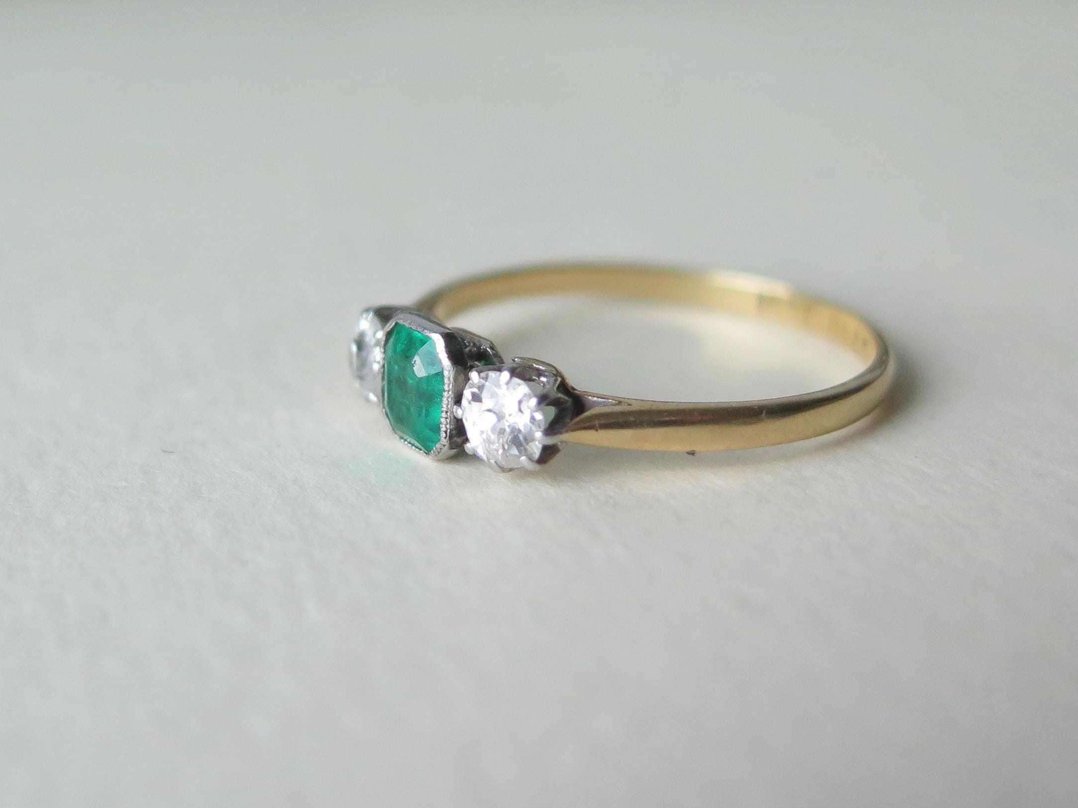 Antique Art Deco Emerald and Diamond Trilogy Ring, 18k Gold Platinum