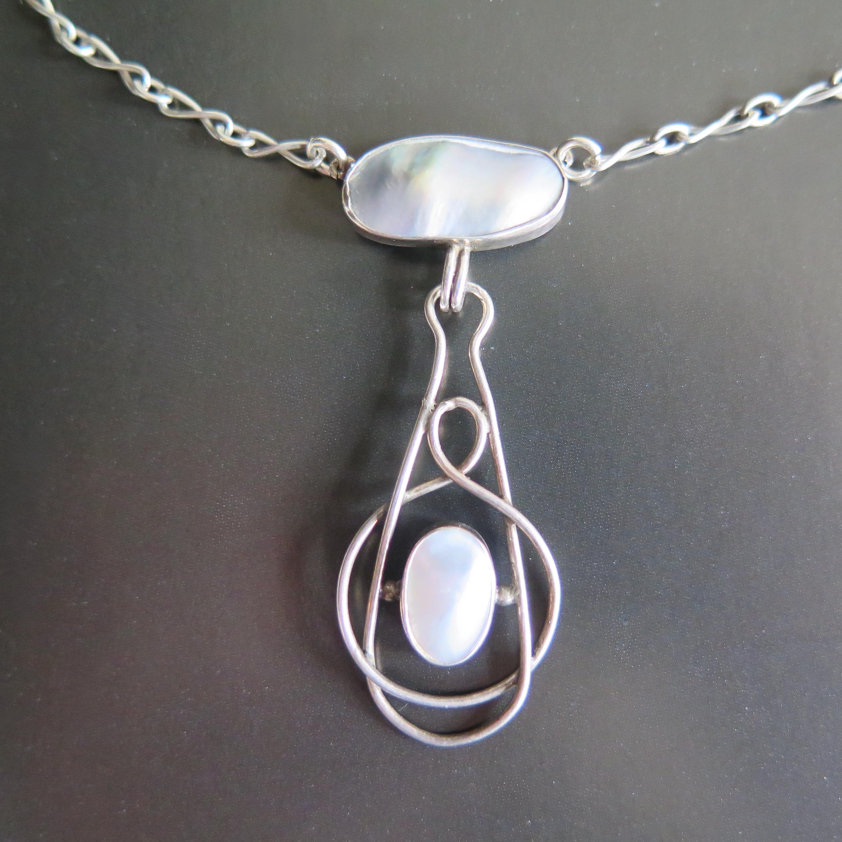 Antique Silver Mother-of-Pearl Pendant Necklace - Arts & Crafts c1900
