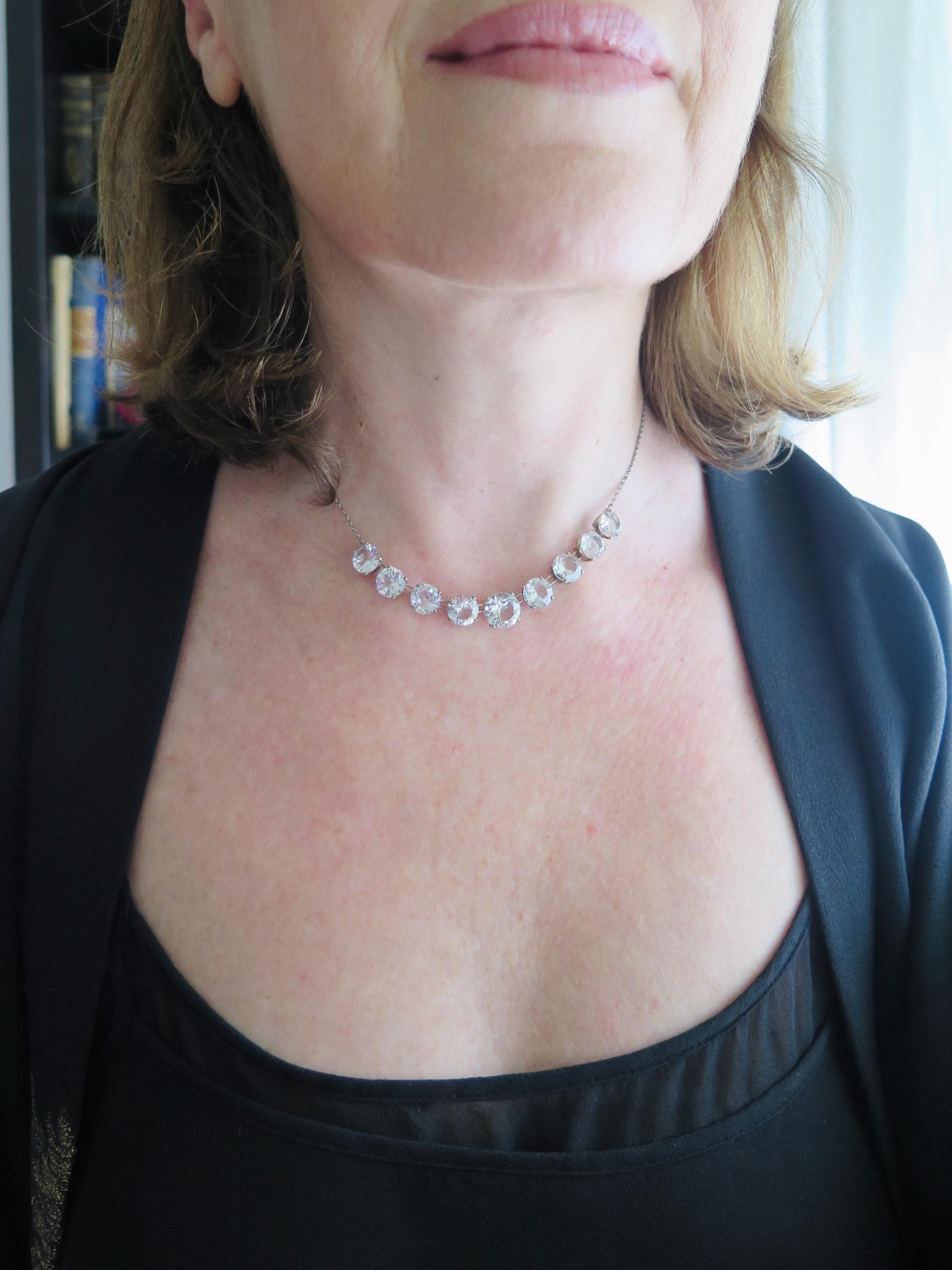 Antique Art Deco Silver Riviere Choker Necklace with Clear White Stones
