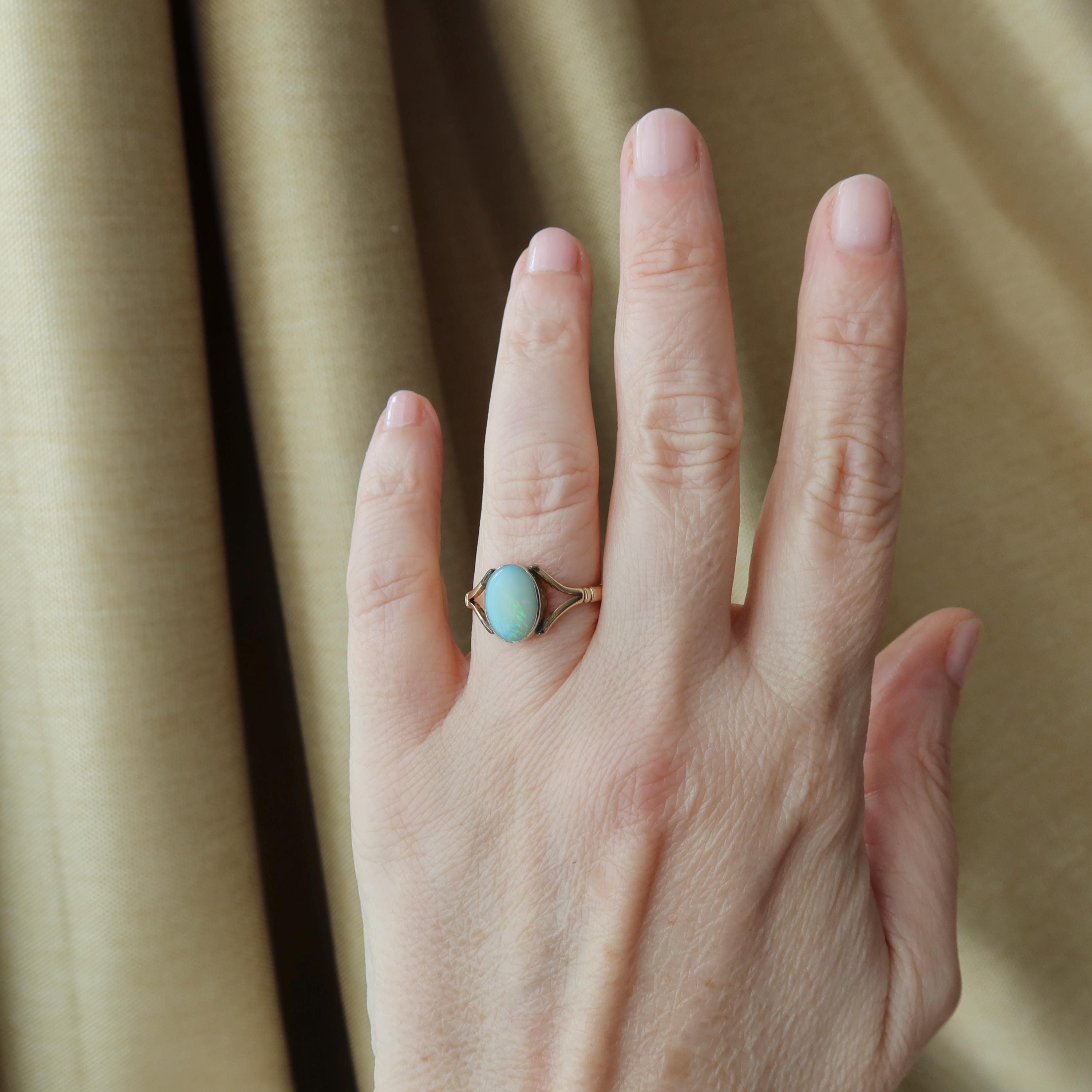 Antique Edwardian 9k Gold Natural Opal Ring, Oval Cabochon Opal