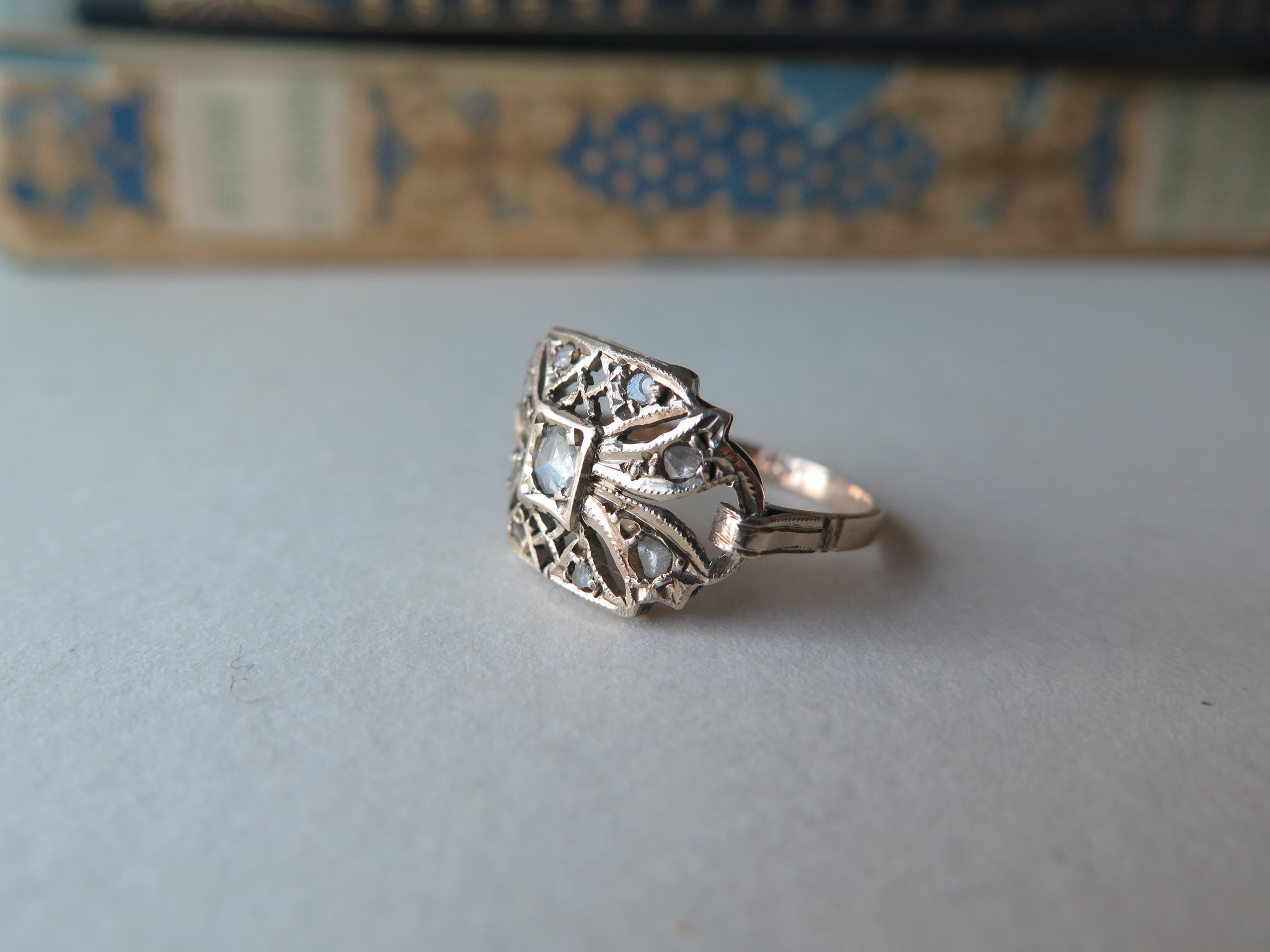 Antique 9k Gold Rose Cut Diamond Ring - Belle Epoque Filigree