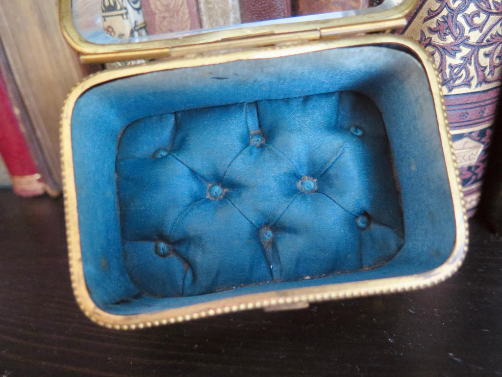 Antique Victorian Jewelry Box, Tufted Silk Lining, Beveled Glass Lid, Brass Jewelry Casket