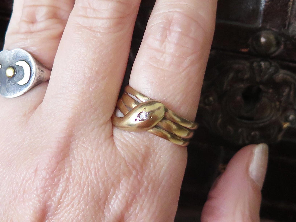 Antique 9k Gold Snake Ring: Victorian Peruzzi Diamond Serpent, Size 10.5