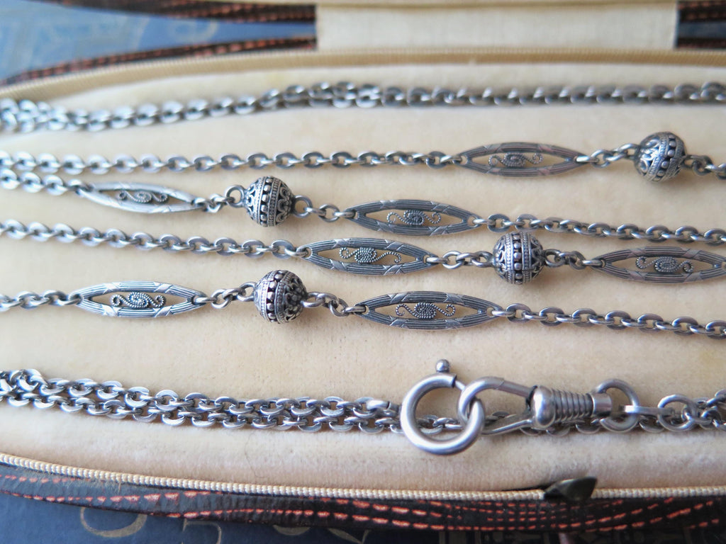 Antique Edwardian 800 Silver Sautoir Necklace: 61" Long Guard Chain
