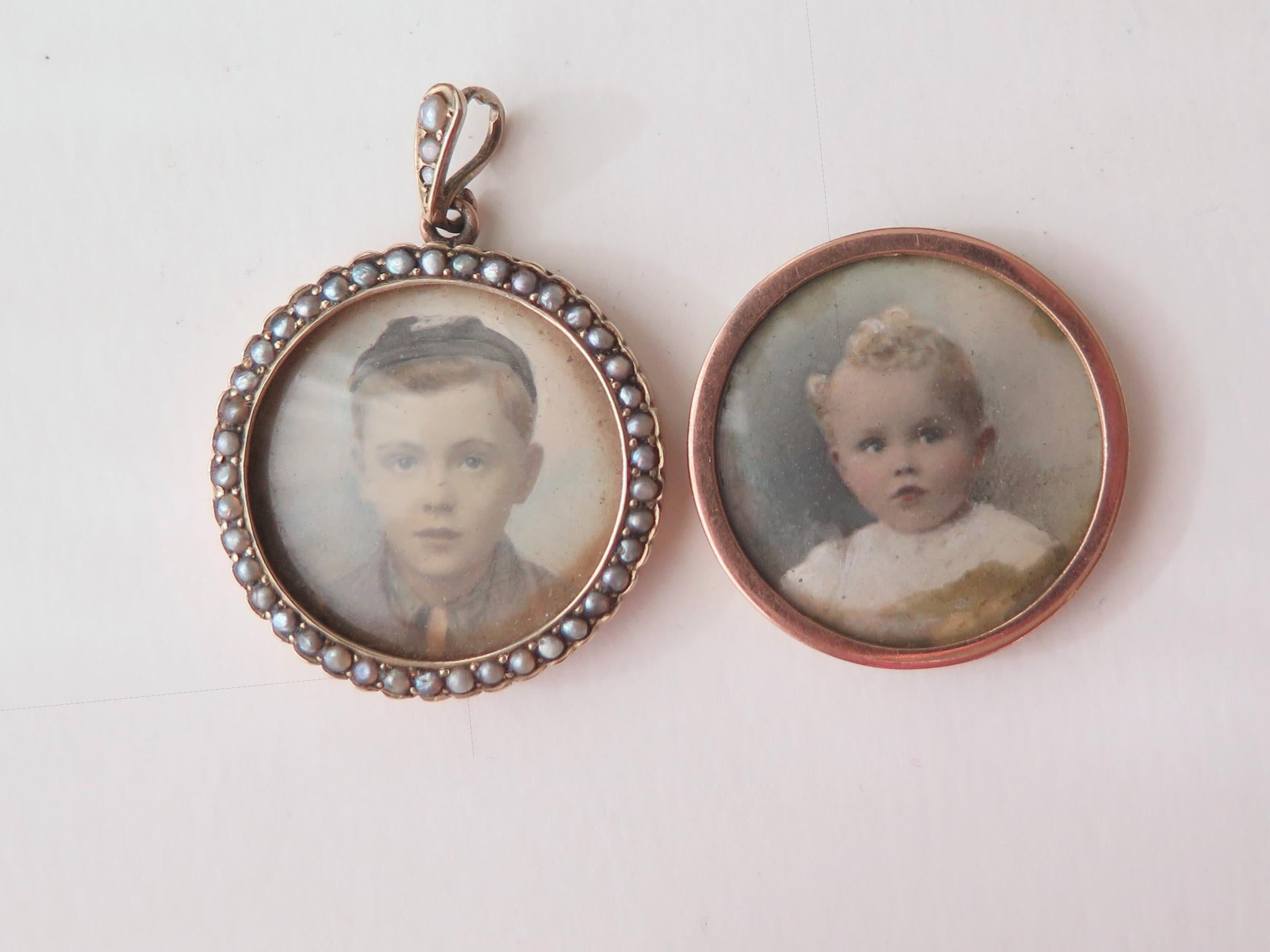 Antique Edwardian 9k Gold Double-Glass Locket with Grey Seed Pearls, Hand Coloured Portrait Miniatures