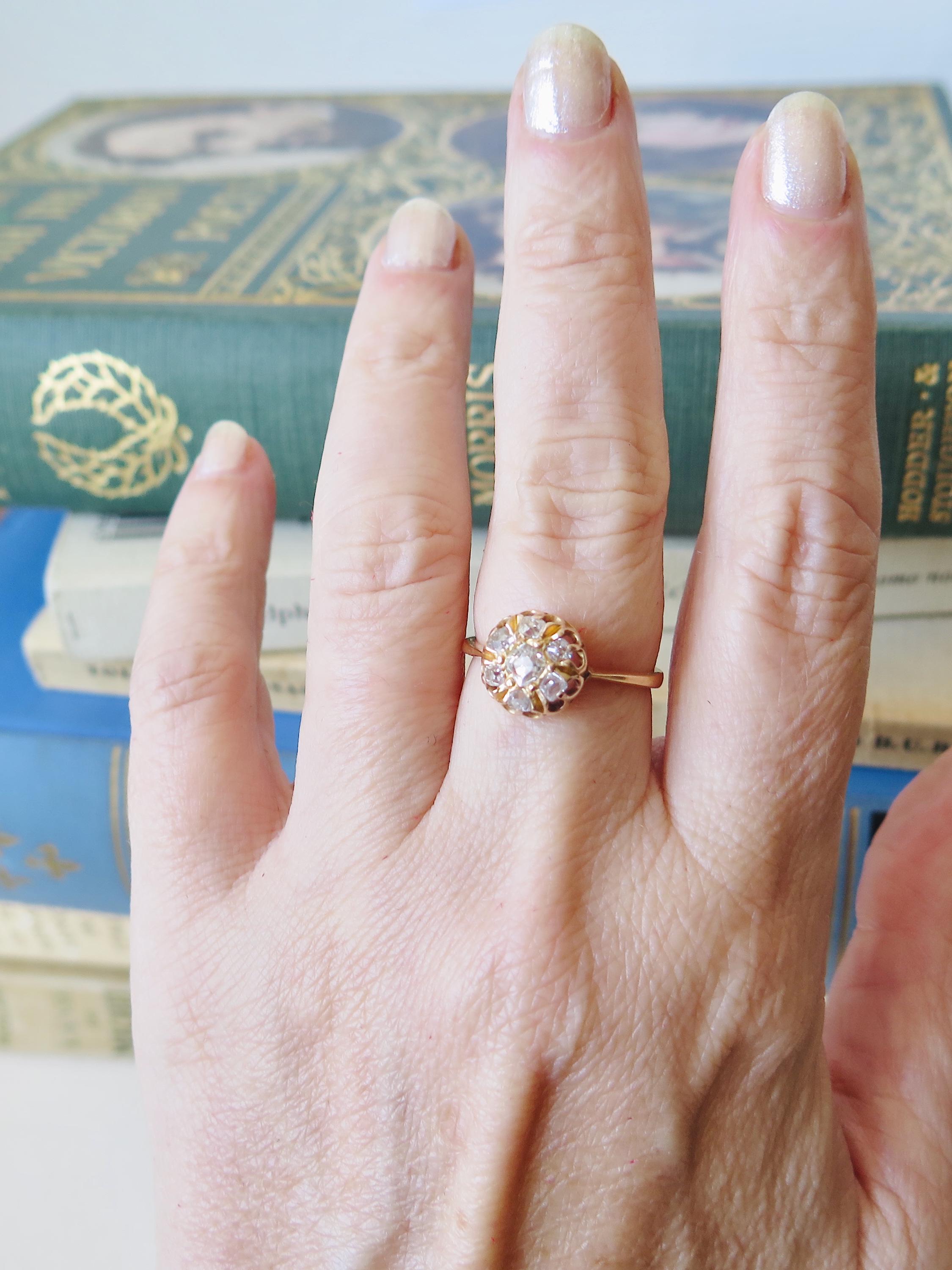 Belle Époque Diamond Cluster Ring: 18k Gold Peruzzi Cut, US Size 7.25
