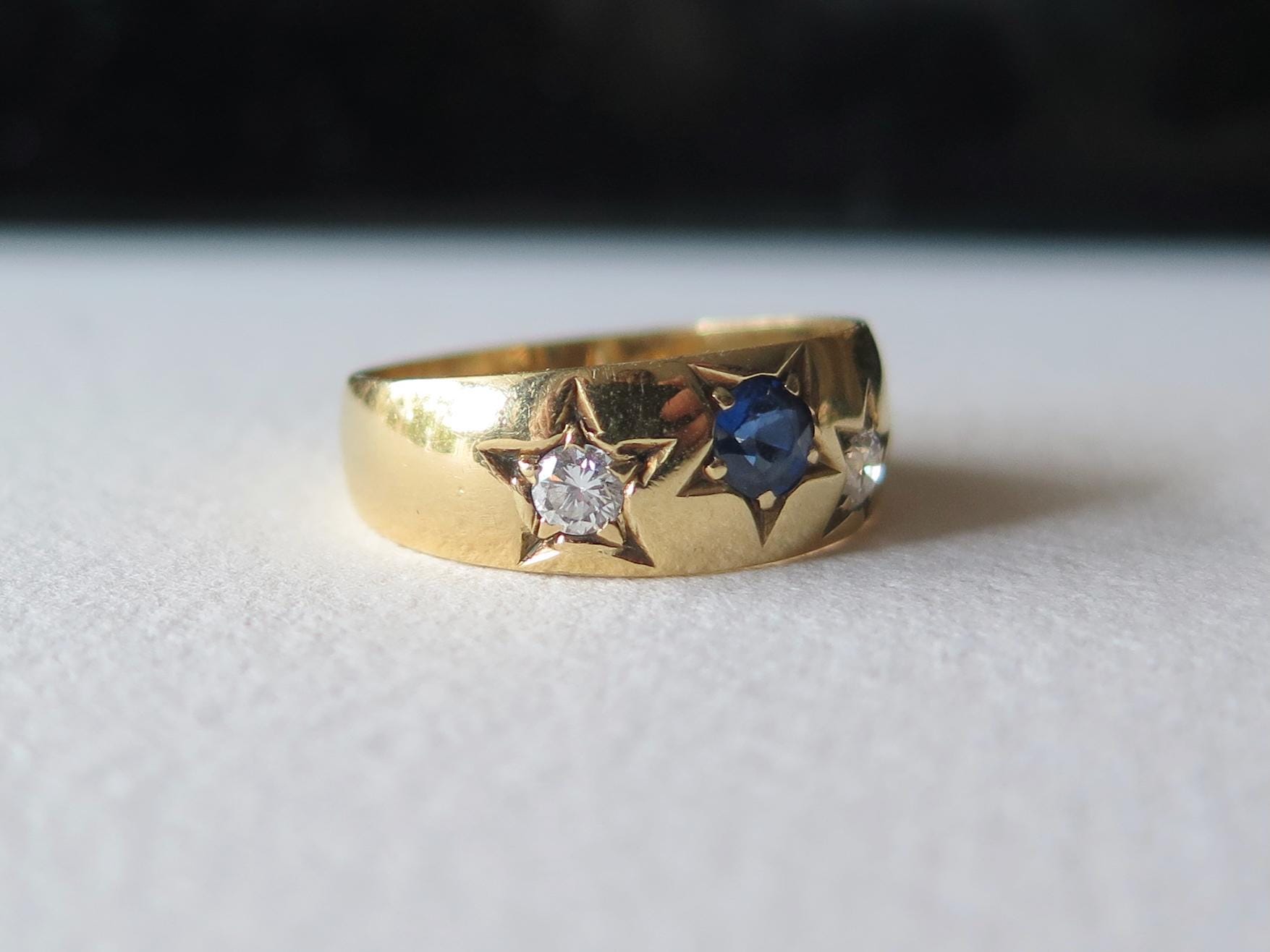 Antique Gipsy Ring 18k Gold, Sapphire and Diamonds Band Ring