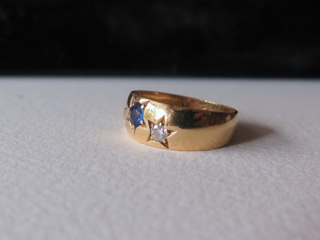 Antique Gipsy Ring 18k Gold, Sapphire and Diamonds Band Ring