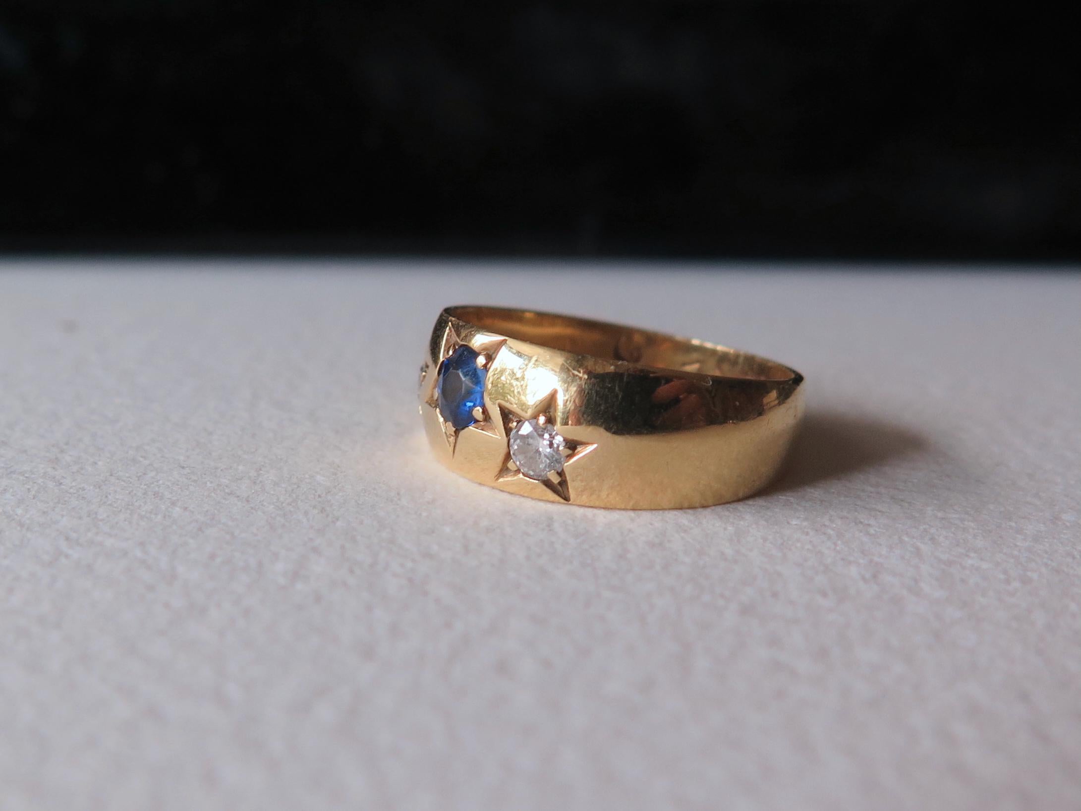Antique Gipsy Ring 18k Gold, Sapphire and Diamonds Band Ring