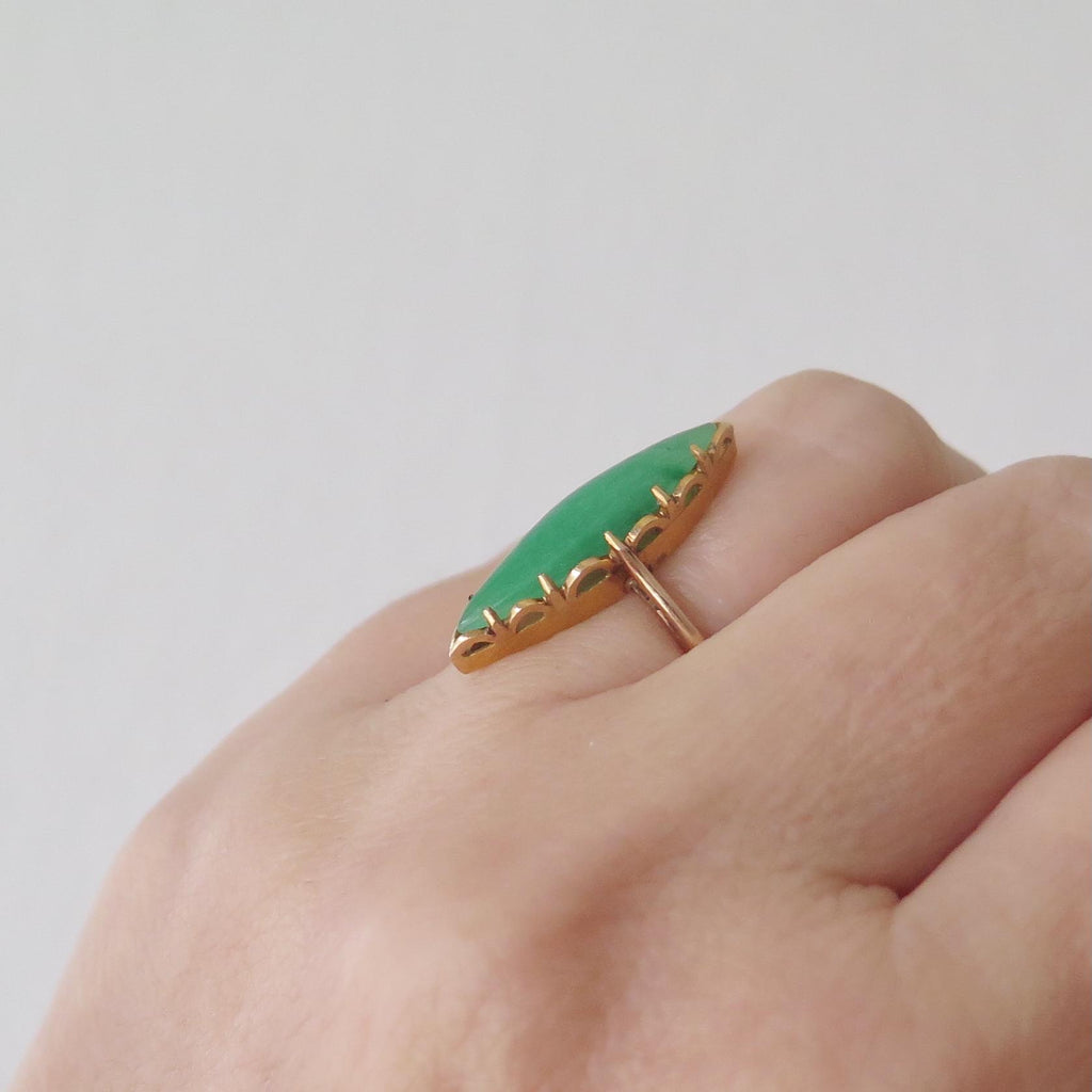 Edwardian 9k Gold Marquise Jade Ring - US Size 5.5