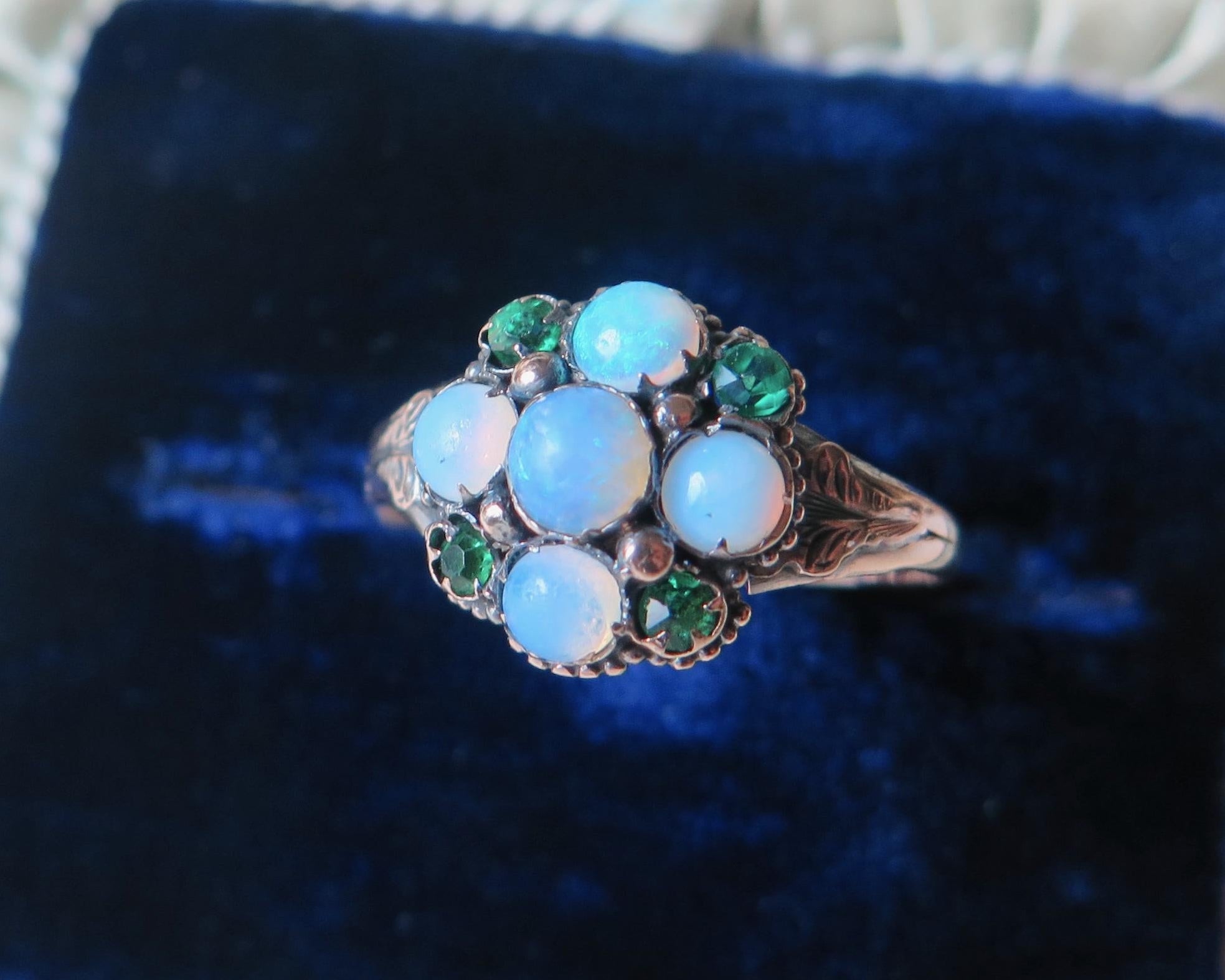Victorian Opal Cluster Ring: 9ct Gold & Paste Emeralds, UK Hallmarked, US Size 6