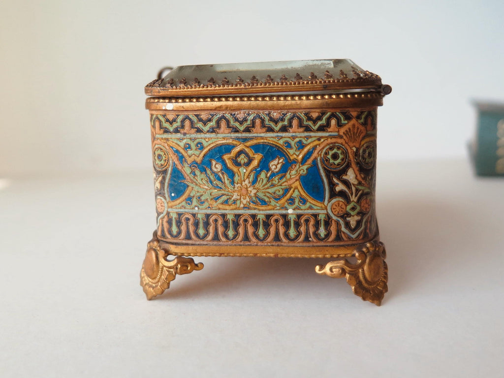 Antique Victorian Jewelry Box, Tufted Silk Lining, Beveled Glass Lid, Brass Jewelry Casket