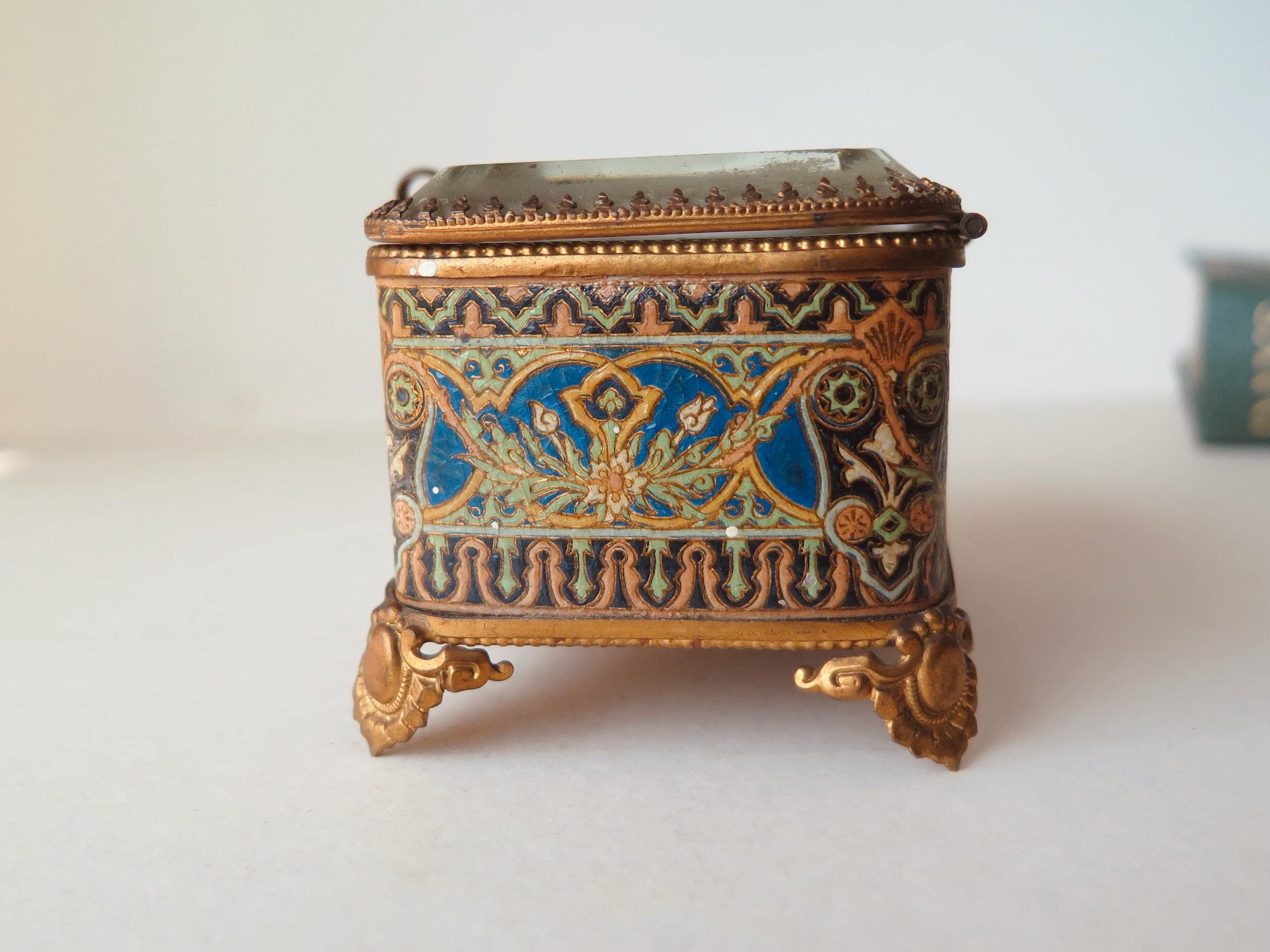 Antique Victorian Jewelry Box, Tufted Silk Lining, Beveled Glass Lid, Brass Jewelry Casket