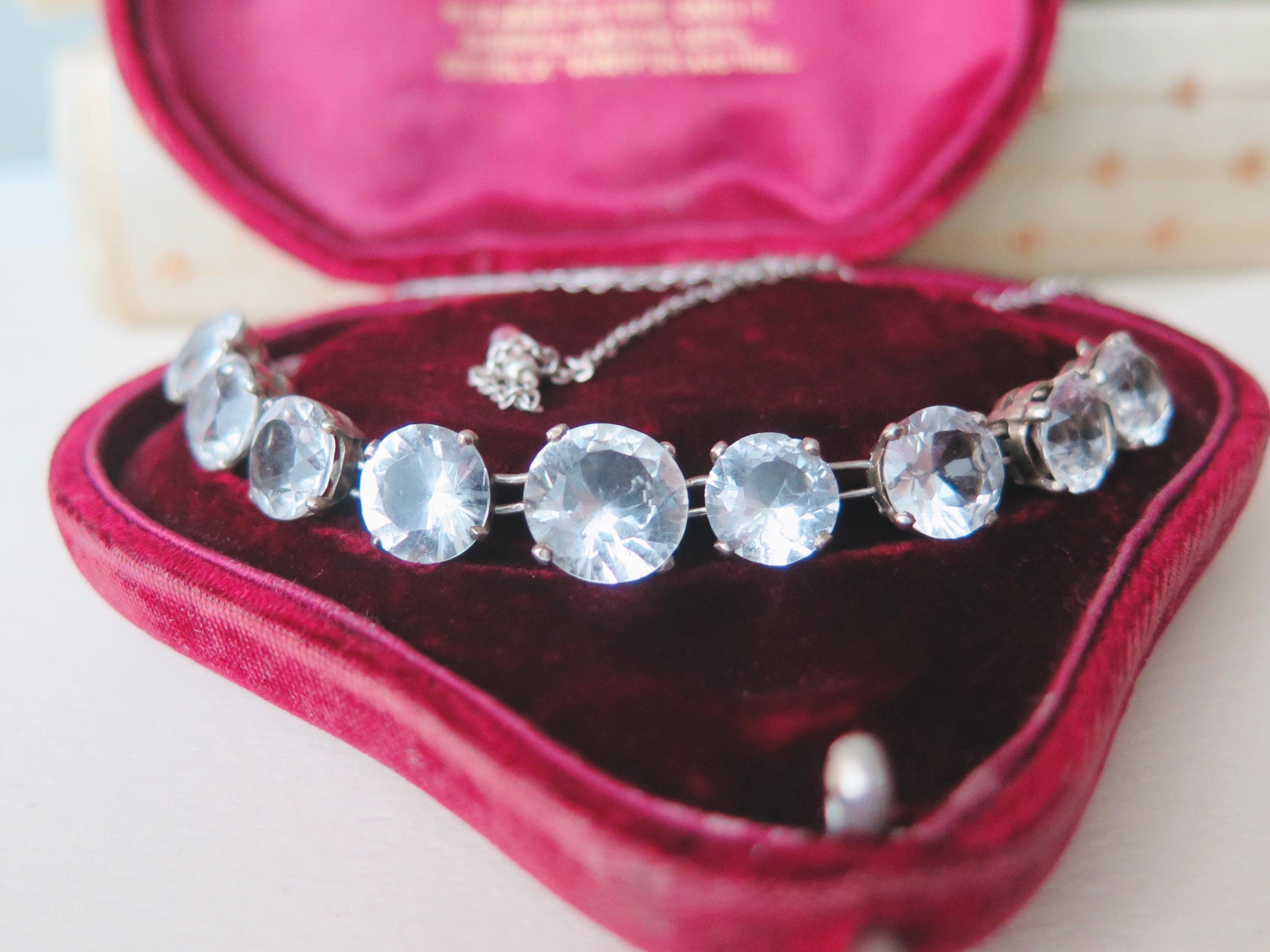 Antique Art Deco Silver Riviere Choker Necklace with Clear White Stones