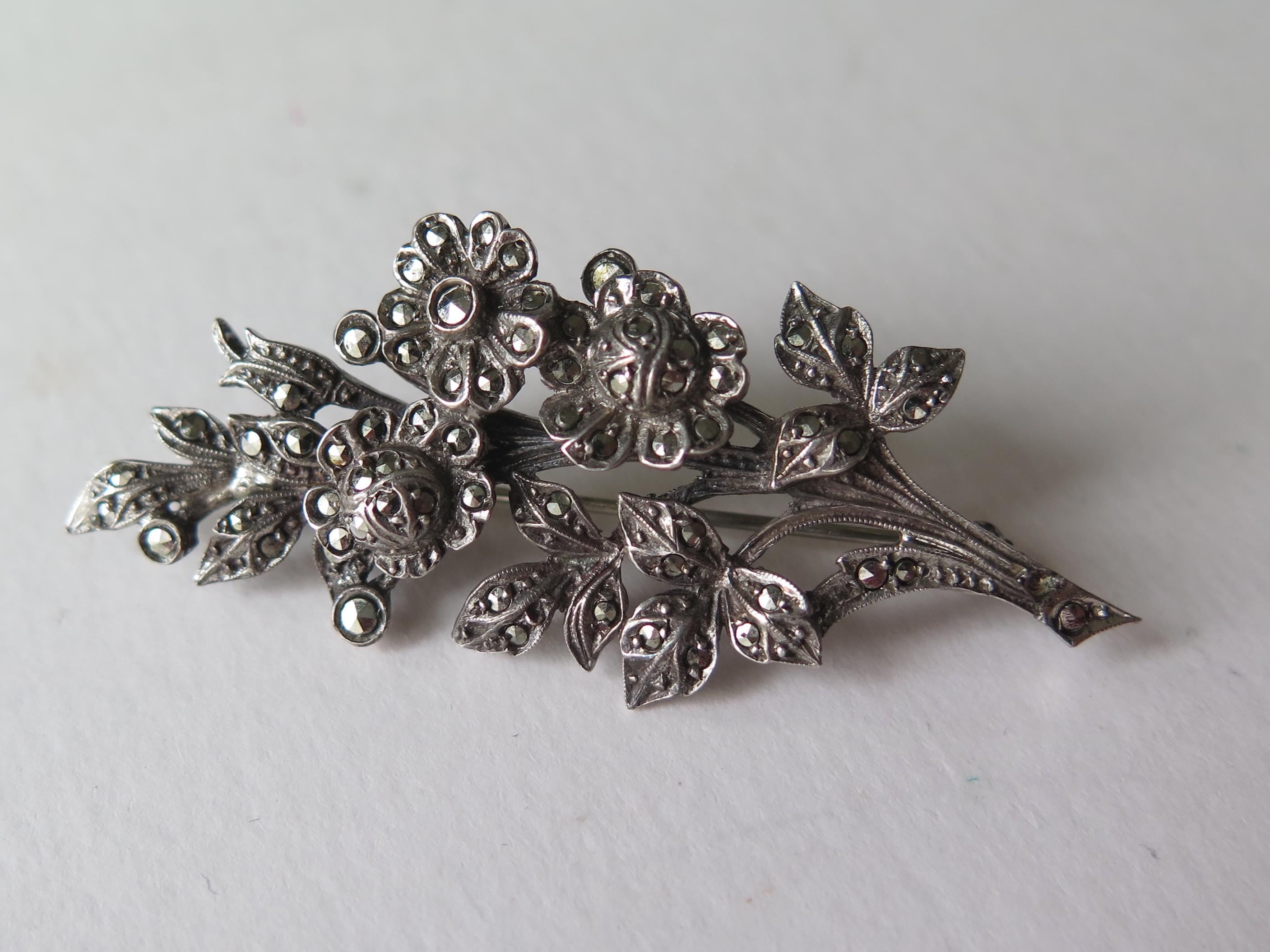 Vintage Sterling Silver and Marcasite Floral Brooch