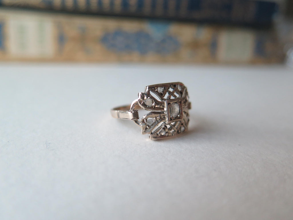 Antique 9k Gold Rose Cut Diamond Ring - Belle Epoque Filigree