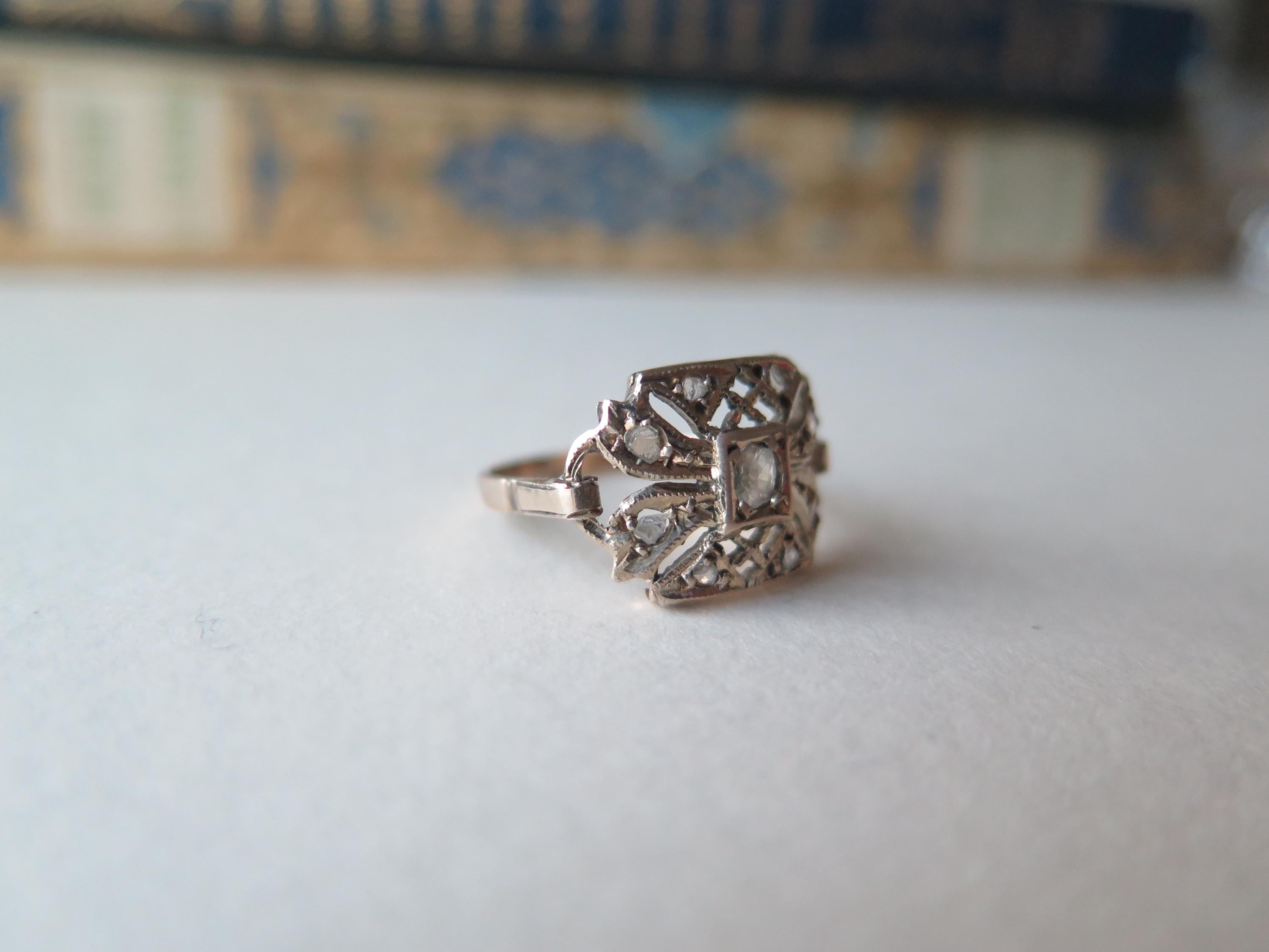 Antique 9k Gold Rose Cut Diamond Ring - Belle Epoque Filigree