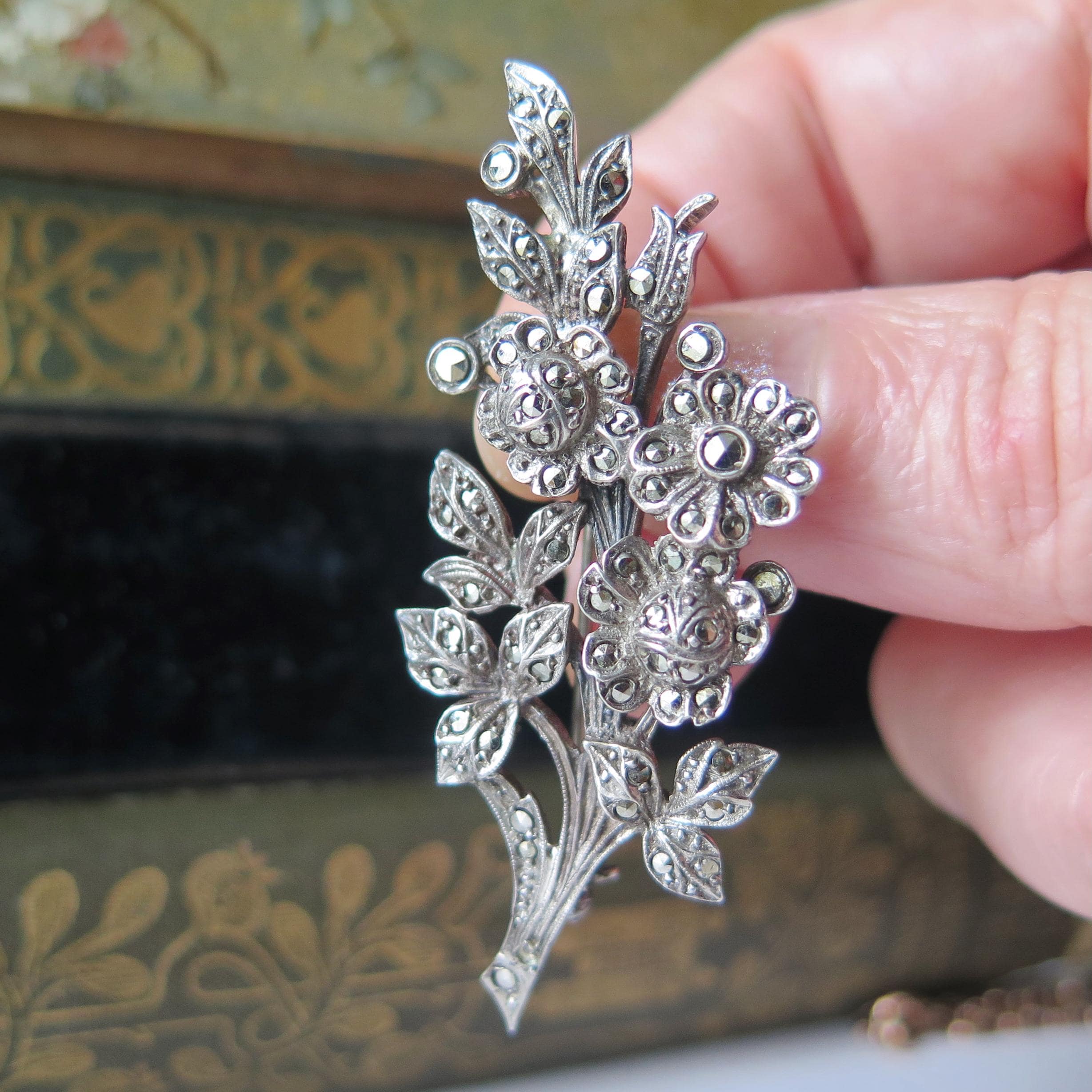 Vintage Sterling Silver and Marcasite Floral Brooch