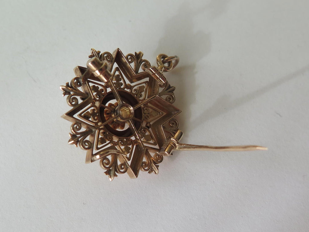 Antique 14k Gold Star Pendant-Brooch with Old Mine Cut Diamond