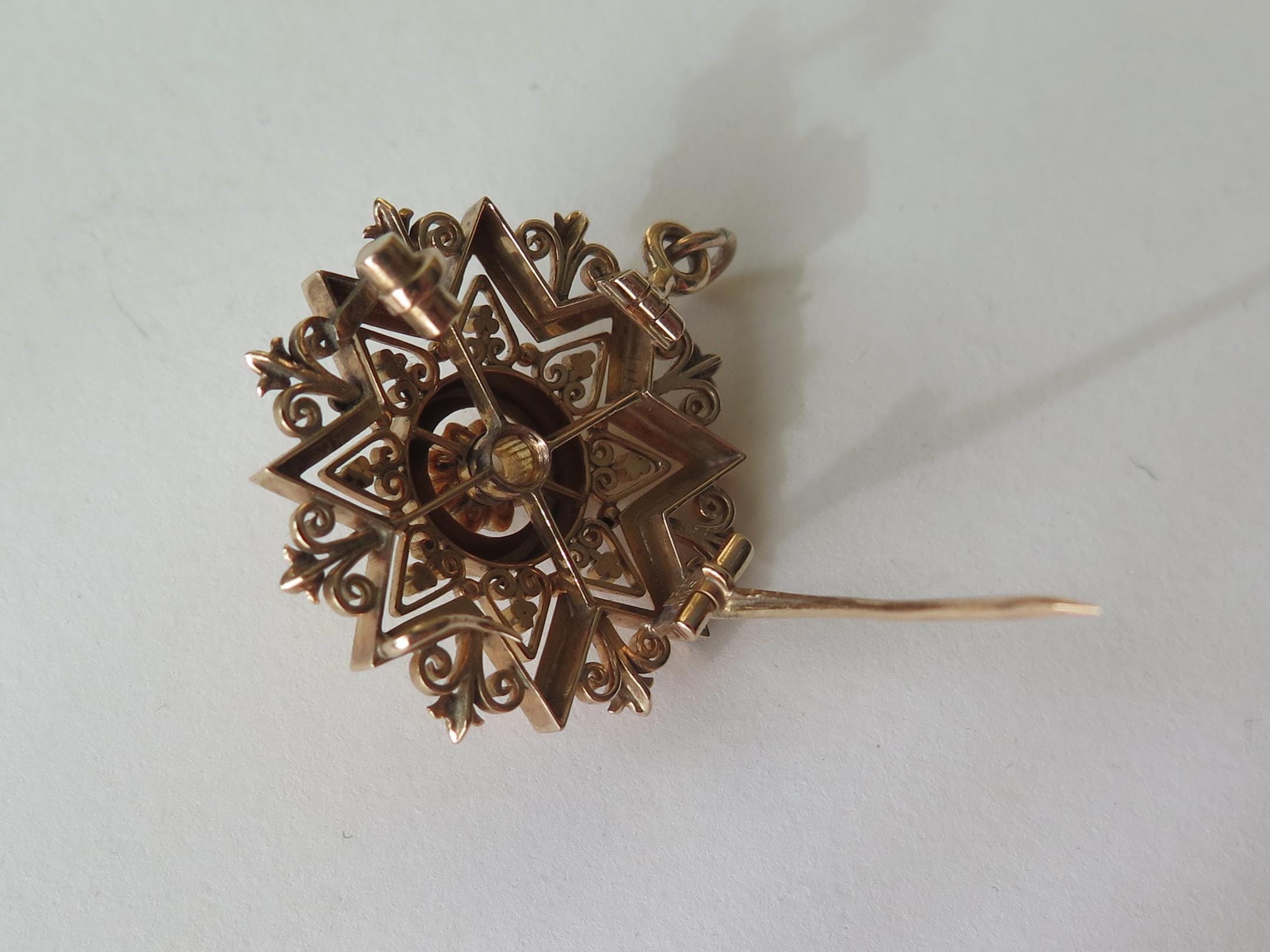 Antique 14k Gold Star Pendant-Brooch with Old Mine Cut Diamond