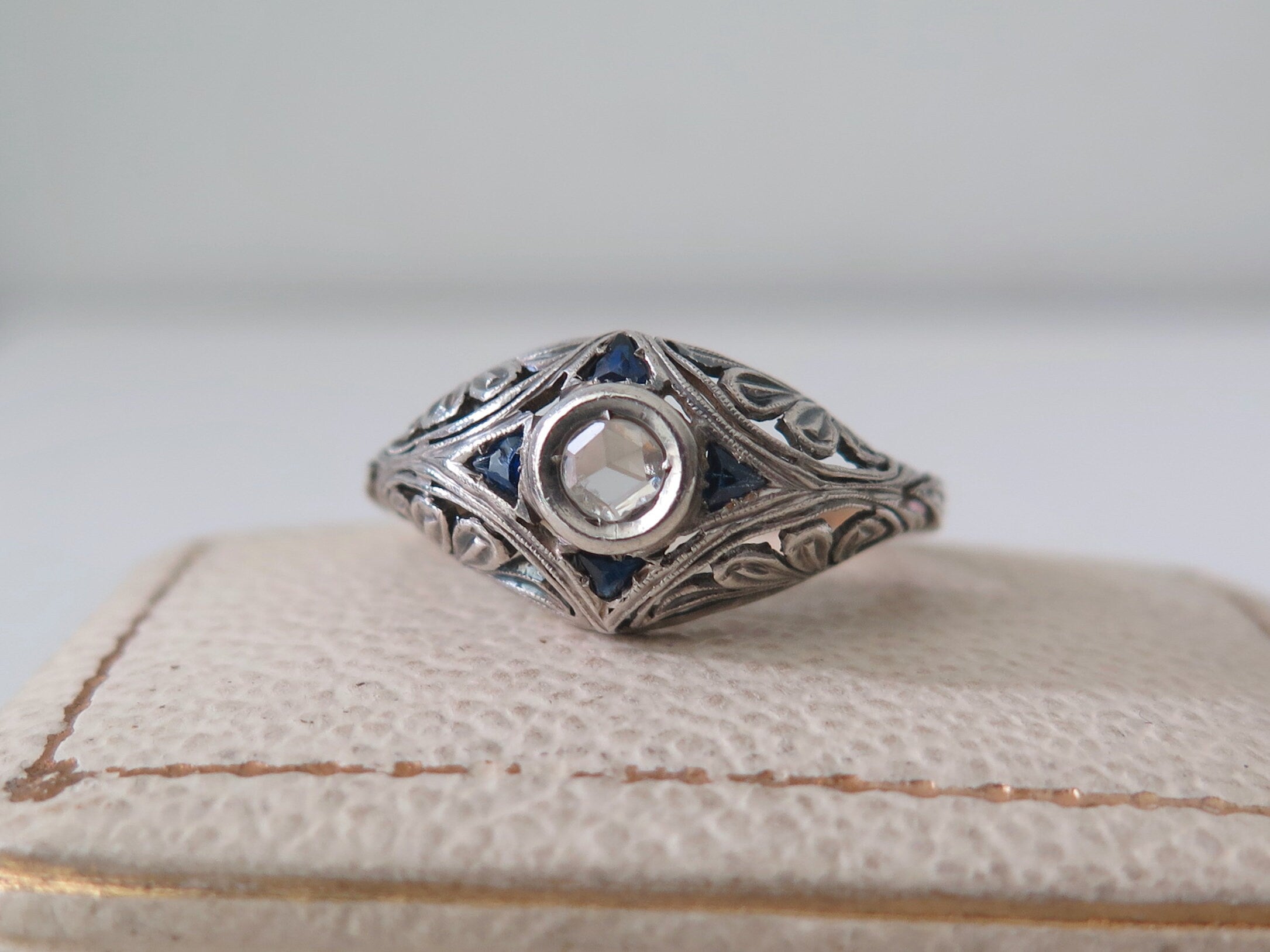 Antique Art Deco Diamond and Sapphire Ring, 18k White Gold, ca. 1920s