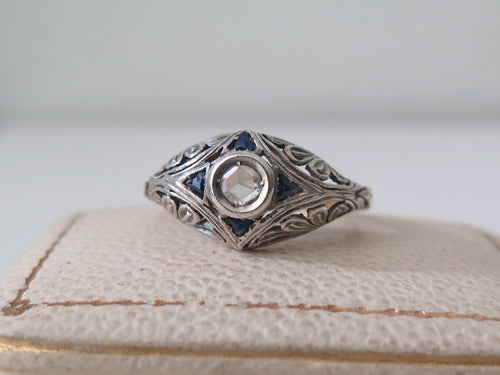 Antique Art Deco Diamond and Sapphire Ring, 18k White Gold, ca. 1920s