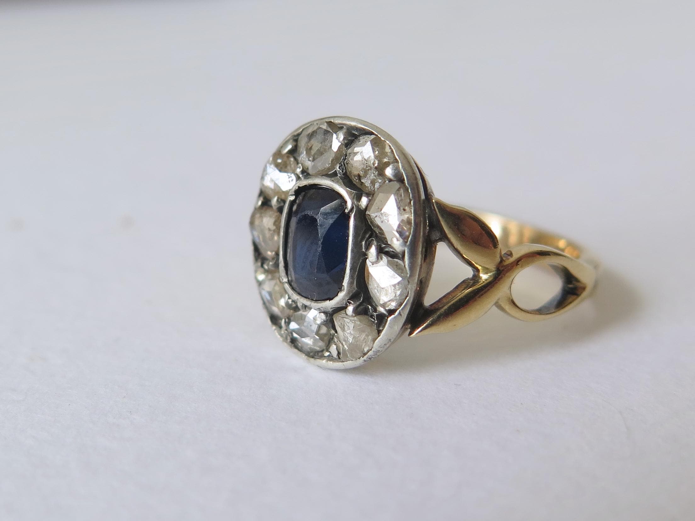 Edwardian Sapphire Diamond Cluster Ring: 14k Gold, Rose-Cut Diamonds, US Size 6