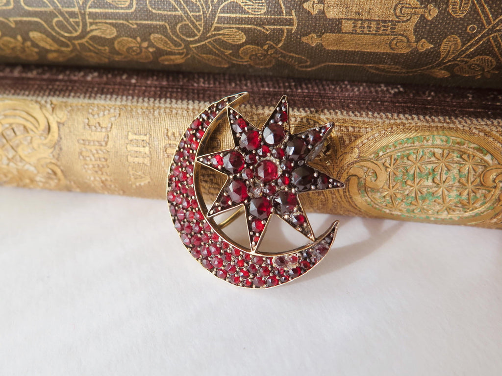 Victorian Garnet Brooch, Crescent Moon & Star, Antique Celestial Jewel, Bohemian Garnets