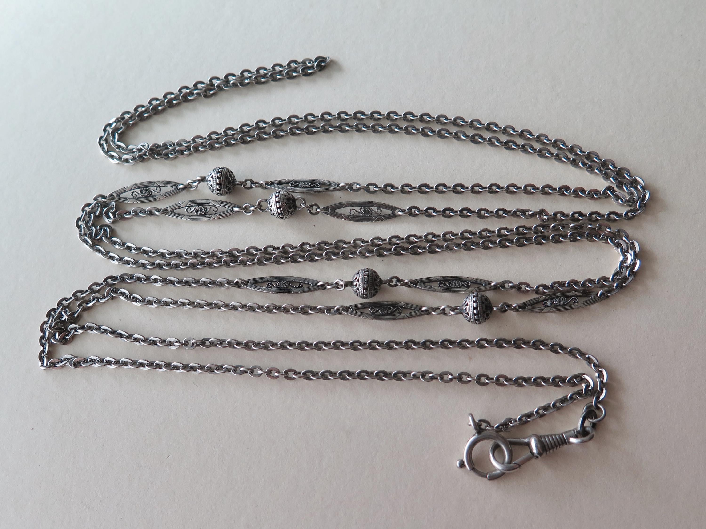 Antique Edwardian 800 Silver Sautoir Necklace: 61" Long Guard Chain
